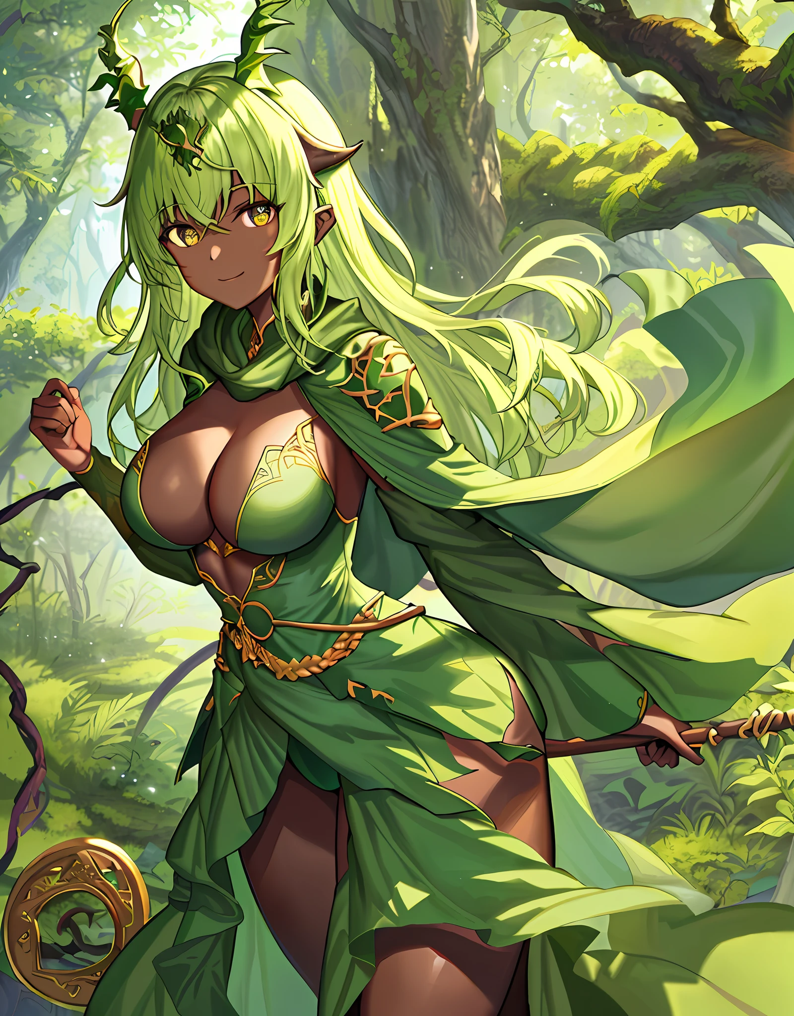 ファンタジー, 1forest_elemental_girl, dynamic_pose_fighting, (using_leaves_clothes, green_leaves_covered_breasts, leaves_covered_pussy)+++,big_tits,dynamic_pose_standing, light_smile, 眠い, medium_hair, へそ,(dark_skin)+, オイル, (winding_vine_around_torso)++, (ふっくらと)+,森, trees_background, leaves_headgear, green_leaves_cape, hold_large_long_staff, large_thighs, large_ass, solo,