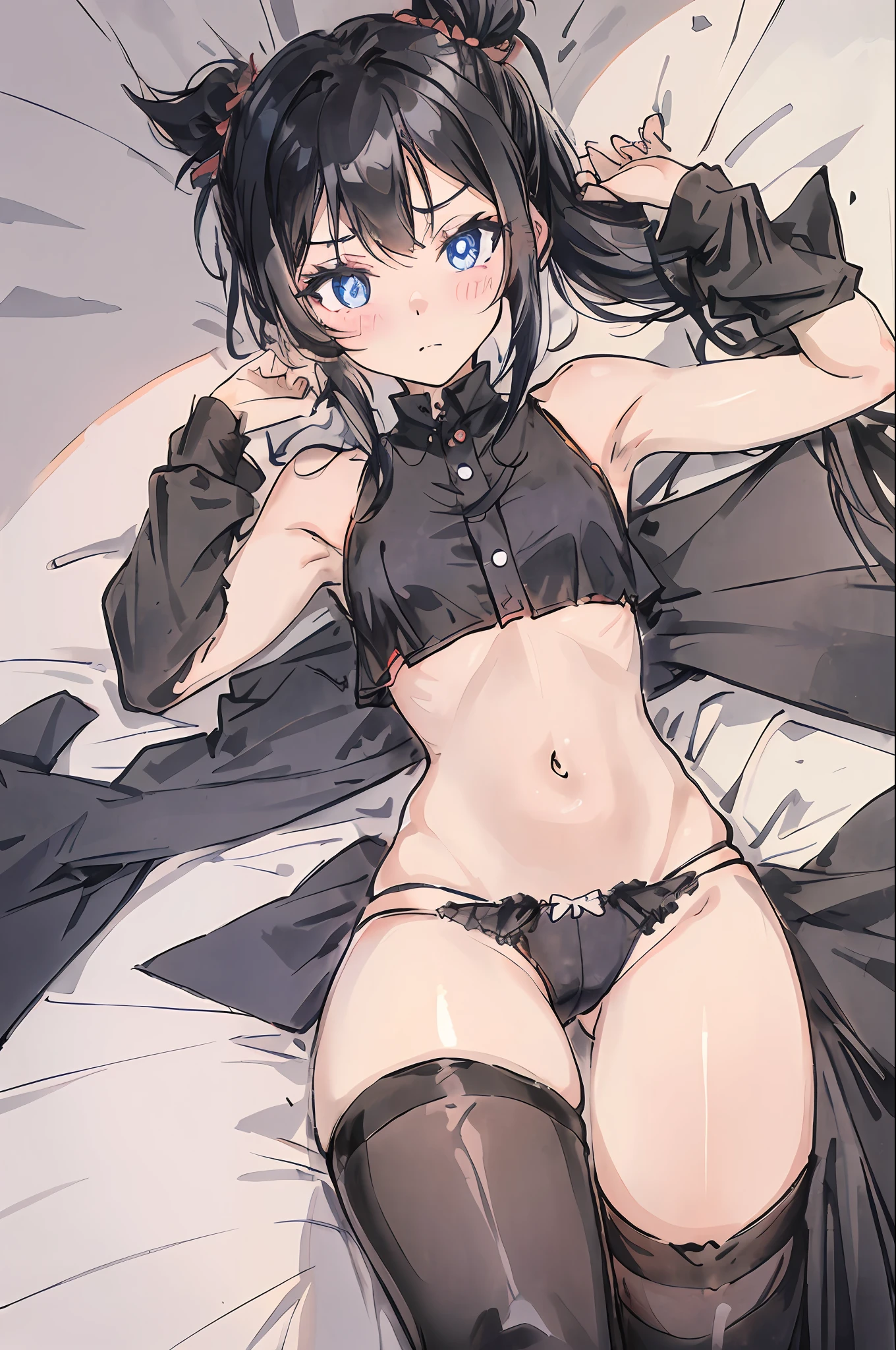 by karina-p on tumblr by karina-p 1girl, solo, black hair, underwear, single thighhigh, panties, blue eyes, looking at viewer, navel, twintails, black panties, thighhighs, long hair, on back, lying, blush