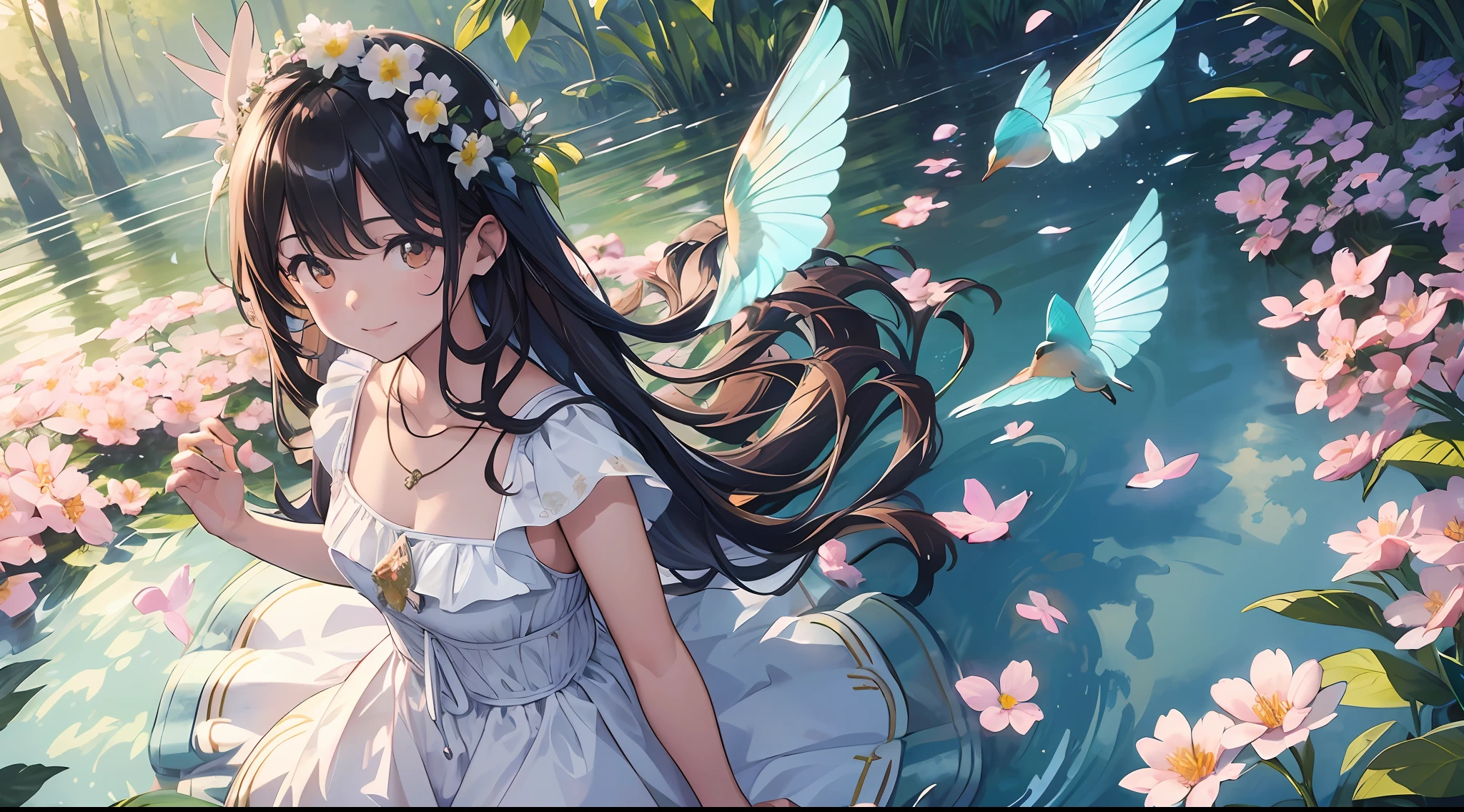 ((SFW))), Masterpiece, (High Quality), ((Photoreal)), (Cinematic Direction), (High Contrast), (Depth of Field: 1.3), (Award-winning Difference Photo: 1.1), (Face Detail), Detailed Drawing, There is a place in the forest where flowers bloom, Girl dancing in a snow-white summer dress in the flower field, Animals are jumping happily around the girl, Colorful little birds and butterflies flying around the girl,The girl ,Black hair very long hair,Flower crown, full body figure, summer sky, summer clouds, summer dazzling sunlight, flower garden, girl with open arms, dancing, necklace, smile, smile, happy, fun, girl looking up at the sky, deer, flapping duck, flapping goose, hummingbird, European bulbul, kingfisher, European orli, butterfly, dazzling halo light, (dazzling glow: .1.4, (glow: 1.3), backlit, (colorful petals soar in the wind: 1.4), strong wind,