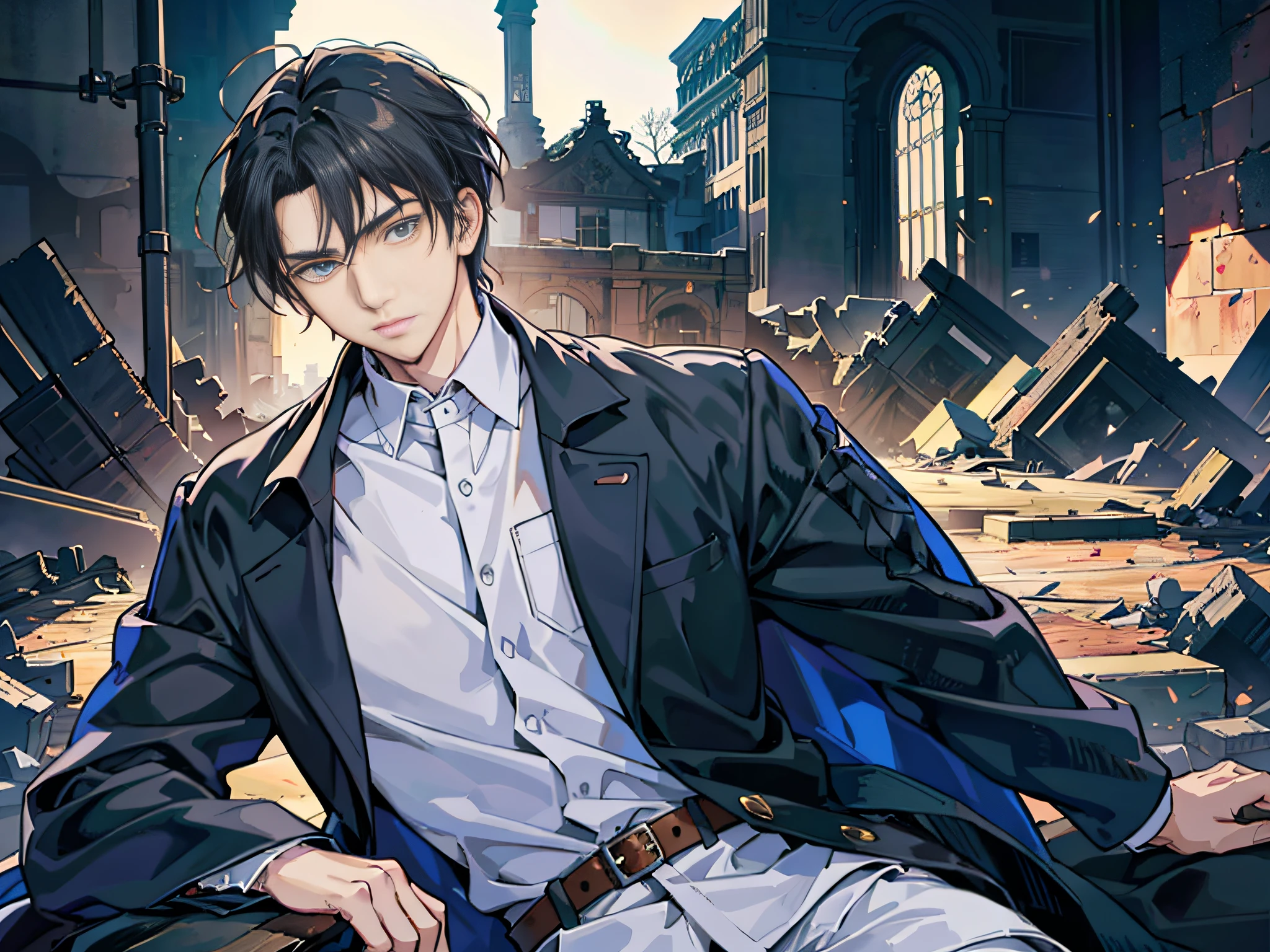 anime character sitting on a chair in a destroyed city, taisho roman, high detailed official artwork, handsome guy in demon slayer art, official art, shigenori soejima illustration, official character illustration, handsome anime pose, official character art, kawacy, anime concept hdr anime macmanus, inspired by Yamagata Hiro, portrait of eren yeager