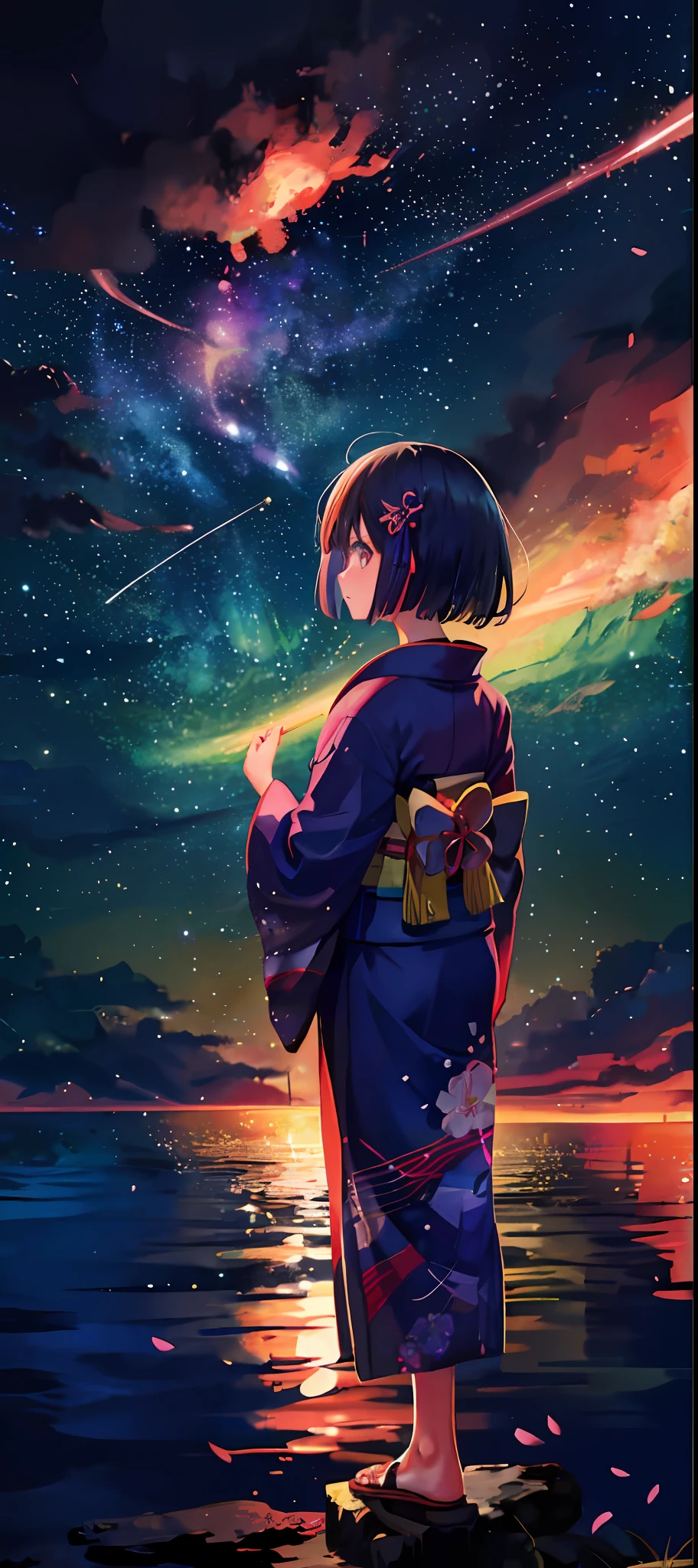 1girl, distant girl wearing a kimono staring at the stars, (zoomed out:1.1), (meteor shower:1.2), (comet:1.1), your name, low angle, from behind, aroura borealis, shooting star, yukata, red kimono, cherry blossoms, standing in a field,best quality, masterpiece, cloud,colorful, starry,stars,