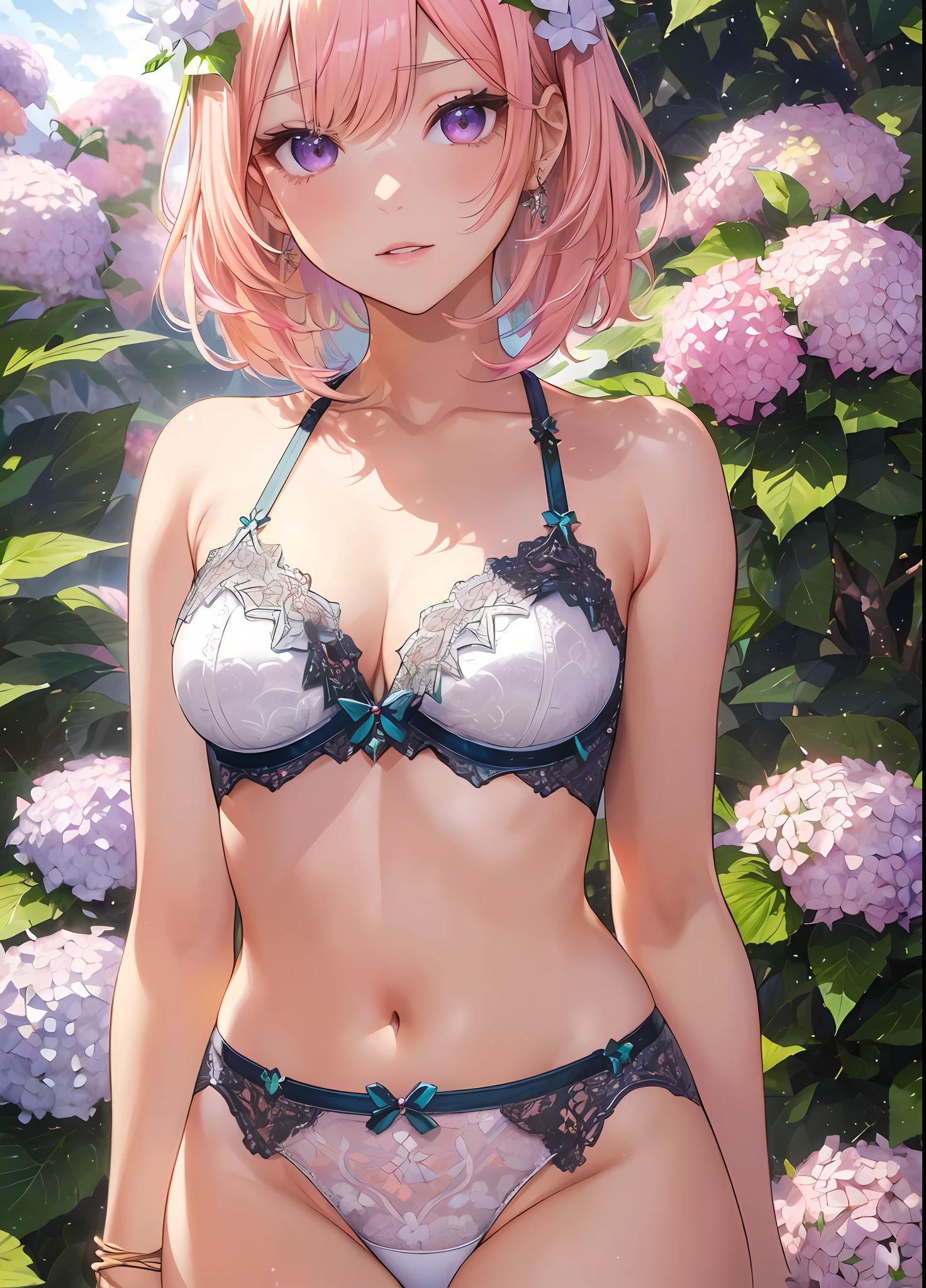 Realistic, Hyper Detail, Girls Only, Layered Bob, Dynamic Lighting, (((Bold imaginative poses)), (Glossy skin: 1.5), Masterpiece, Top Quality, Absurdity, Watching Viewer, (Blonde and Pink Hair), Purple Clear Eyes, Slender, High Resolution, Sharp Focus, Depth of Field, Detail Eyes, Sharp Eyes, ((Realistic Eyes)), (Medium: 1.4), Outdoor, Sunrise sky, many white hydrangeas, (Mekoji: 1.2)), ((Flashy lace underwear with attractive delicate design: 1.3))