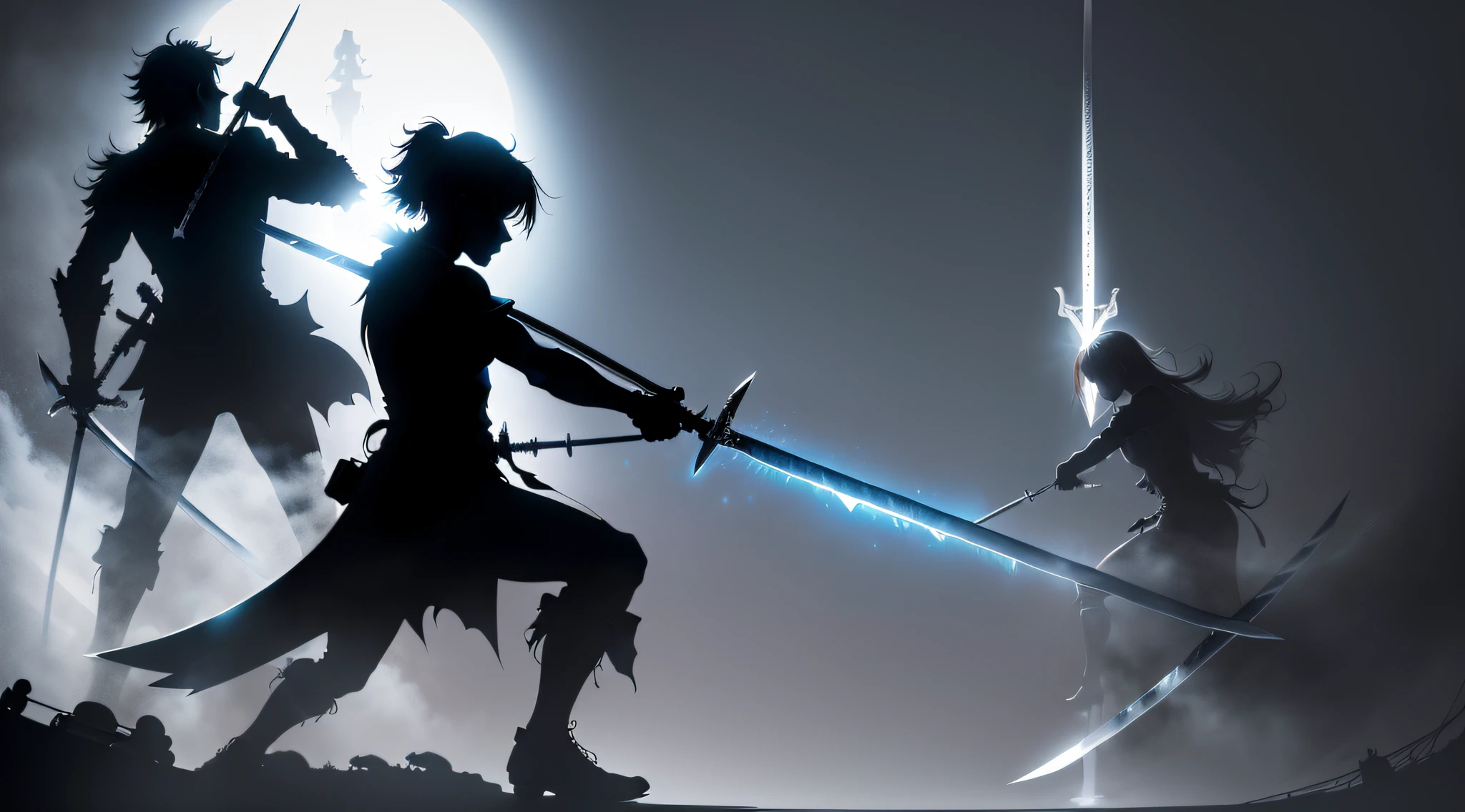 (extremely high quality),2D art image,(2 silhouettes:1.5),(engaged in sword fight:1.4),(fighting on a ship:1.3),(dynamic pose),(shadowy:1.2),(dramatic lighting),dark background.