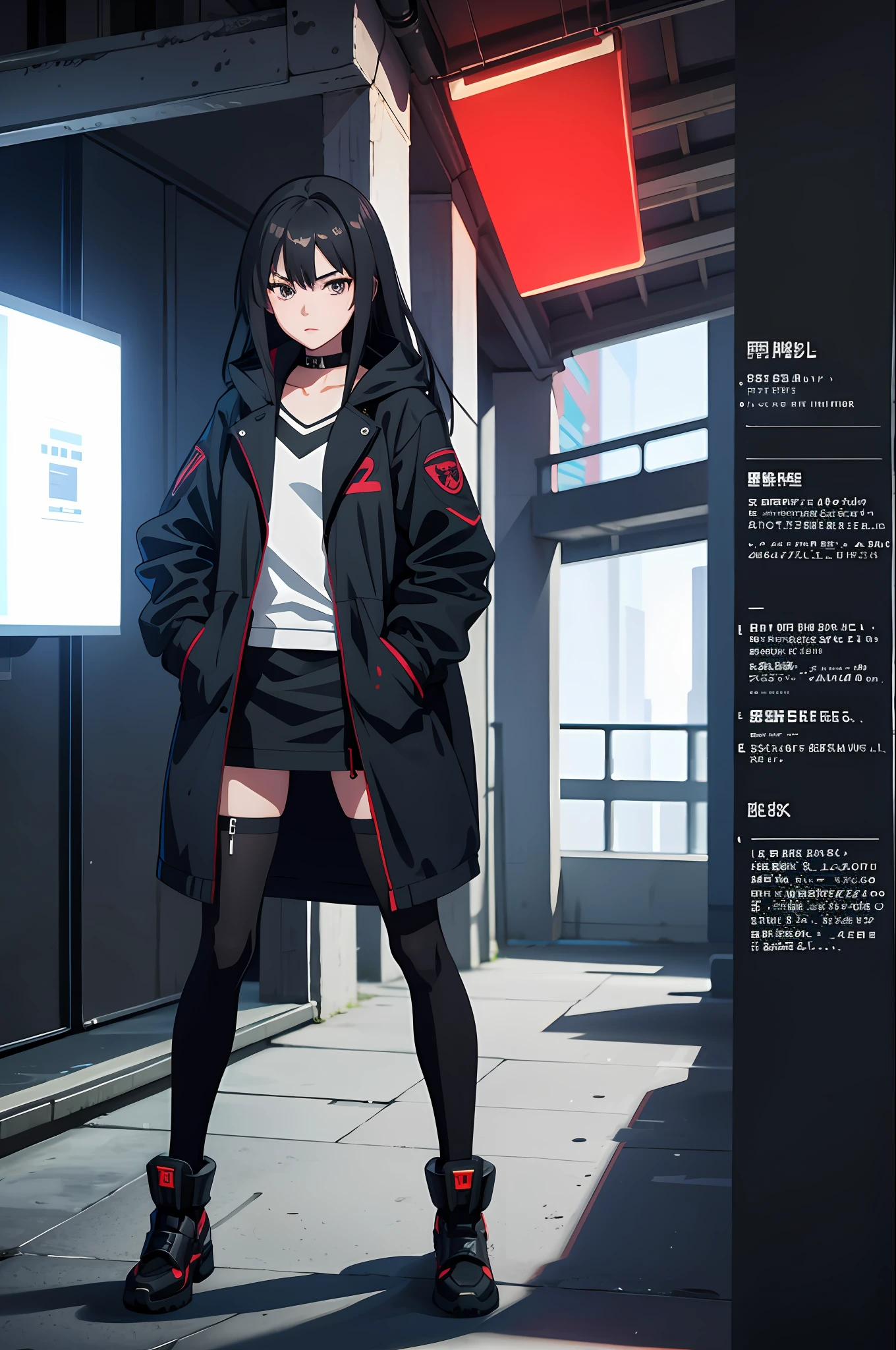 A girl, black jacket, black stockings, hands in pockets, staring at another person, long silver hair, cyberpunk, 8k resolution, very detailed, anatomically correct, digital painting, concept art, Shinkai Makoto style, clear picture,