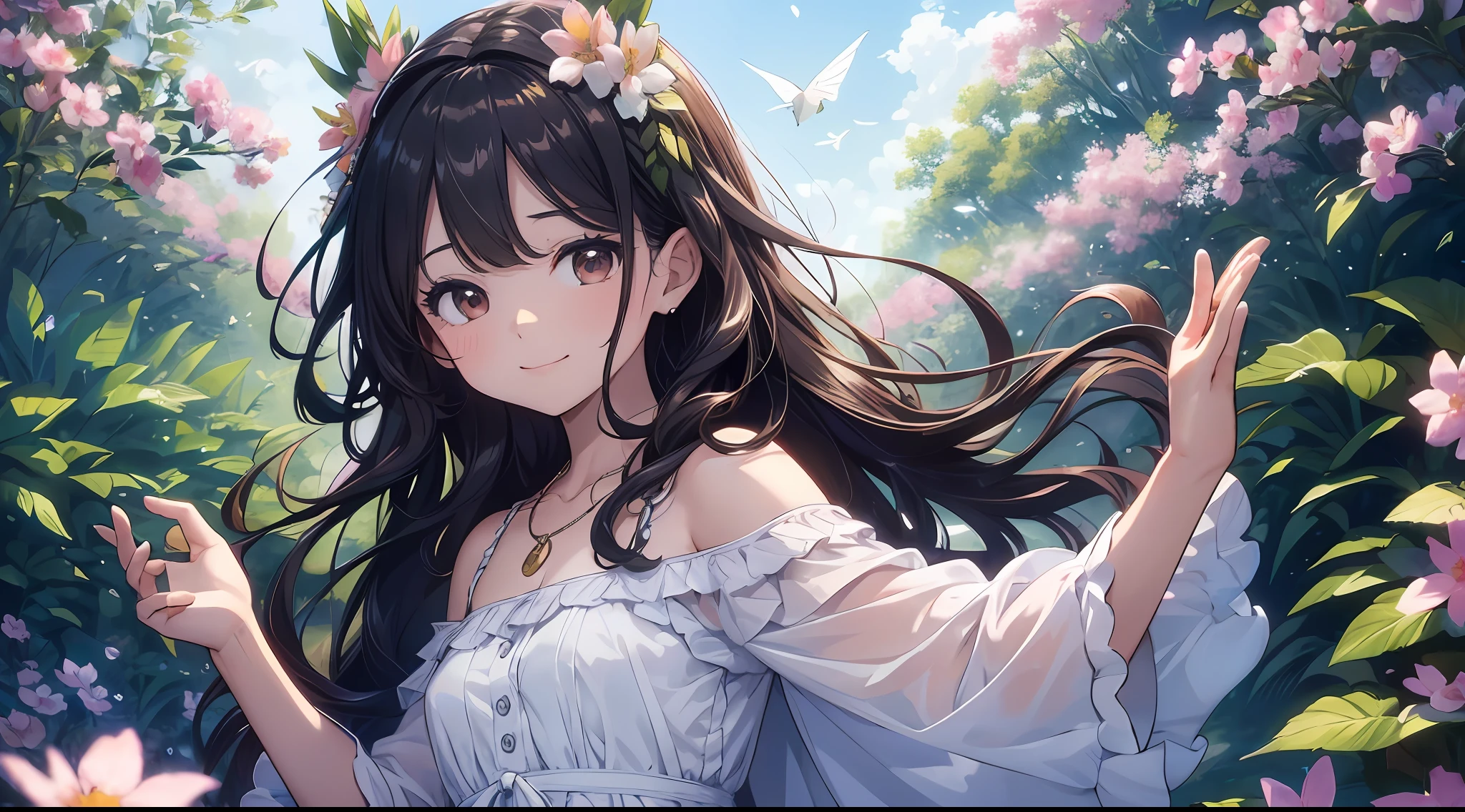 ((SFW))), Masterpiece, (High Quality), ((Photoreal)), (Cinematic Direction), (High Contrast), (Depth of Field: 1.3), (Award-winning Difference Photo: 1.1), (Face Detail), Detailed Drawing, There is a place in the forest where flowers bloom, Girl dancing in a snow-white summer dress in the flower field, Animals are jumping happily around the girl, Colorful little birds and butterflies flying around the girl,The girl is 11 years old,Black hair very long hair,Flower crown, full body figure, summer sky, summer clouds, summer dazzling sunlight, flower garden, girl with open arms, dancing, necklace, smile, smile, happy, fun, girl looking up at the sky, deer, flapping duck, flapping goose, hummingbird, European bulbul, kingfisher, European orli, butterfly, dazzling halo light, (dazzling glow: .1.4, (glow: 1.3), backlit, (colorful petals soar in the wind: 1.4), strong wind,
