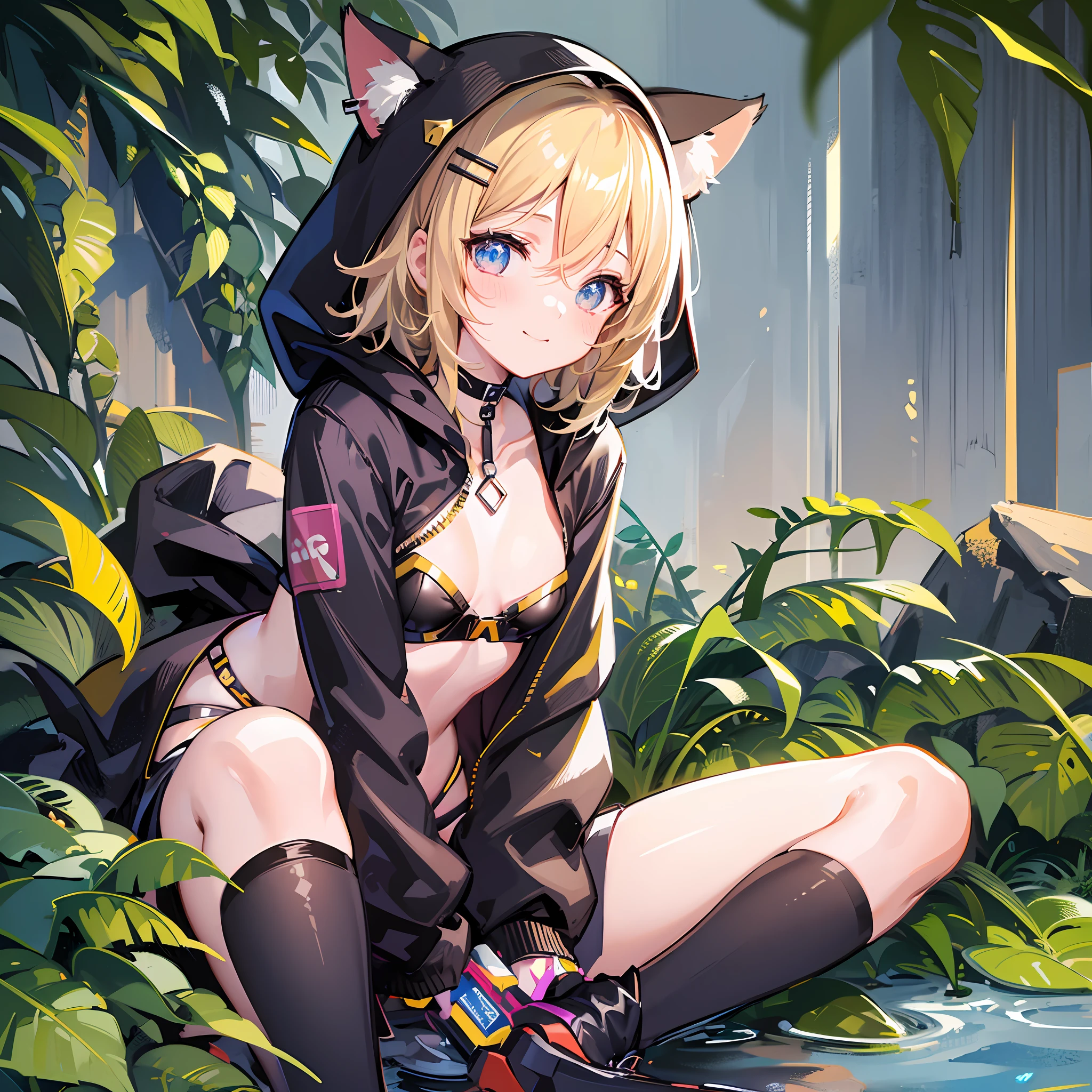 (Masterpiece), (Best Quality), (Illustration), (Ultra Detailed), (High Resolution), Absurdity, One Girl, (kagamine-rin), (Vocaloid), Smile, Innocence, Short Hair, Hair Clips, (Cat Ear Hood), (Wearing a Hood), Perfect Size Hood, Blush, Black Shorts, (Blonde), Very Cute Girl, Small, Young, Delicate, Outdoor, Attention on Girls, Cat pose, sitting, chest open, navel visible, cleavage