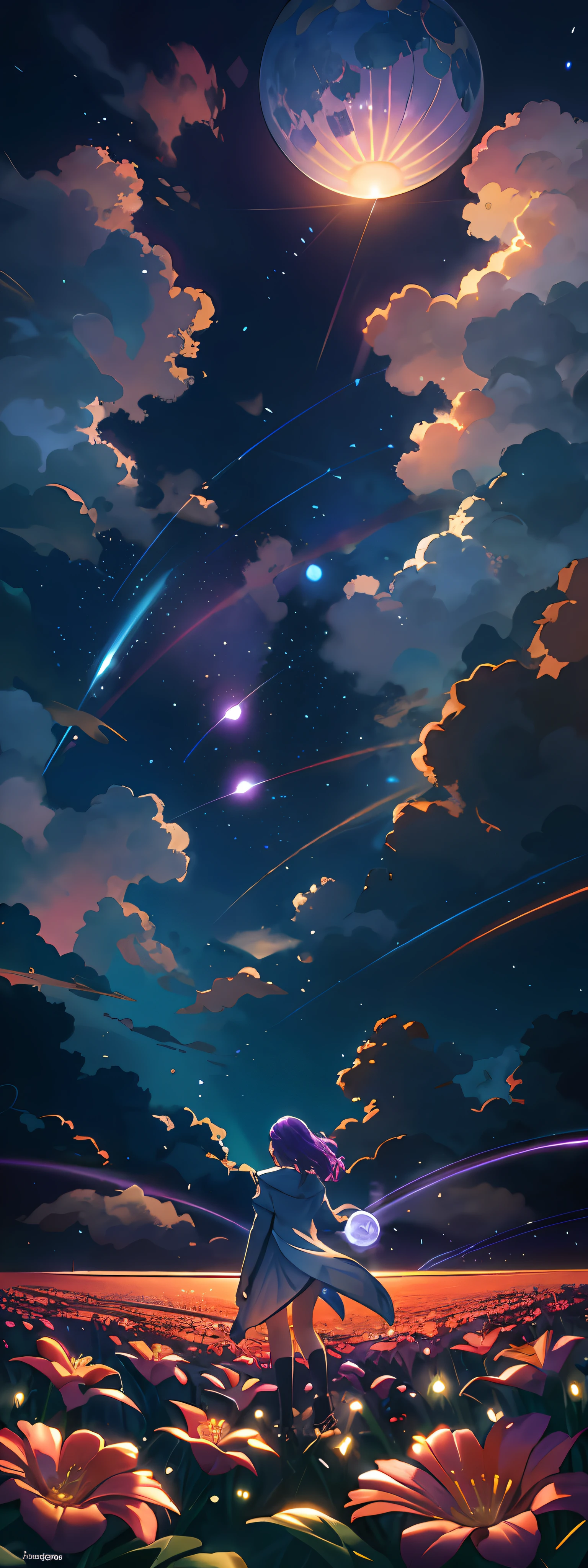 expansive landscape photograph , (a view from below that shows sky above and open field below), a girl standing on flower field looking up, bright sunny day (clouds:1.2), distant mountain, tree BREAK
production art, lot of purple and orange, intricate details, volumetric lighting, realism BREAK
(masterpiece:1.2), detailed shadows, (best quality), 4k, ultra-detailed, (dynamic composition:1.4), highly detailed, colorful details,( iridescent colors:1.2), (glowing lighting, atmospheric lighting), dreamy, magical, (solo:1.2)