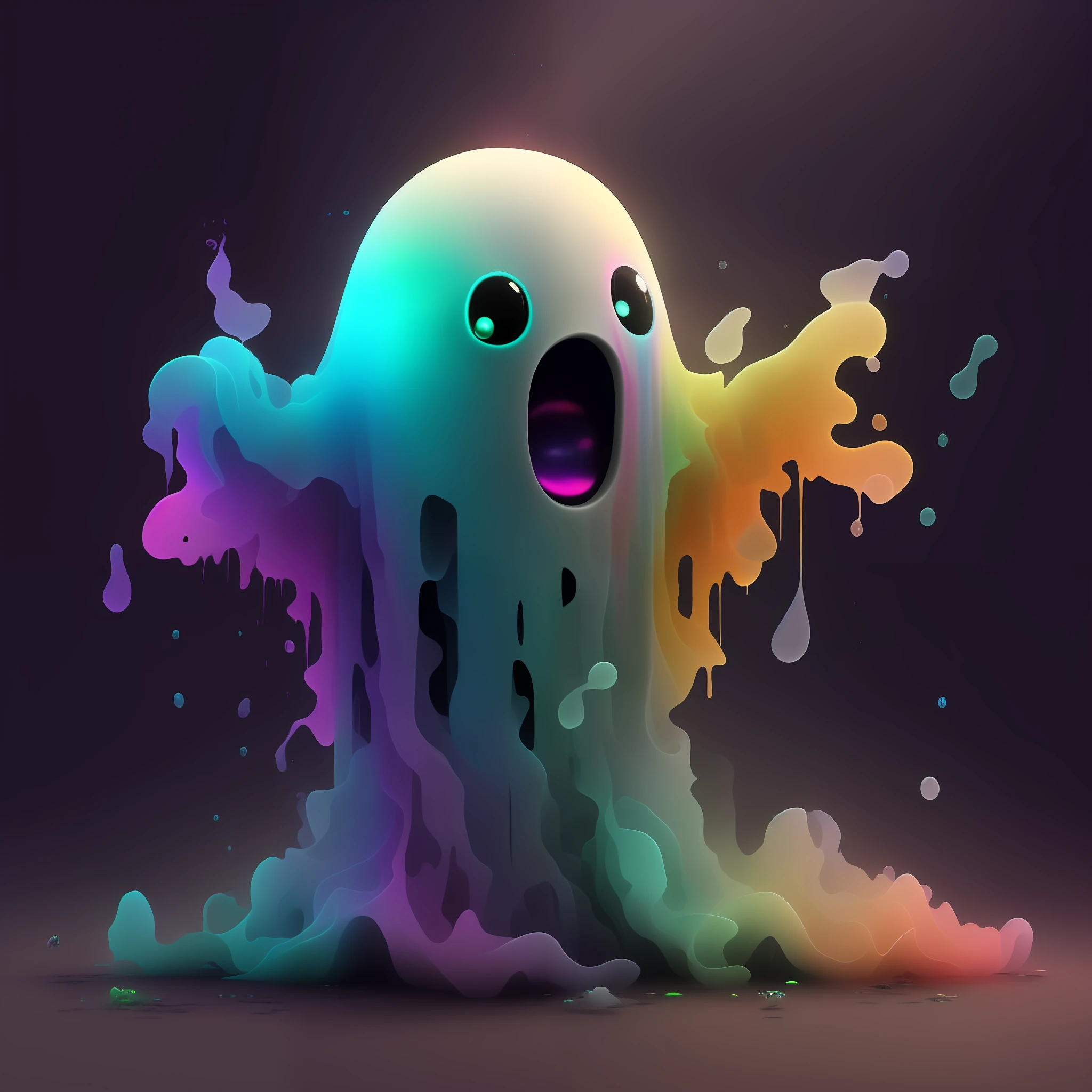 a close up of a colorful ghost with a spooky face, scary ghost, scary color art in 4 k, cute funny ghost, floating ghost, ghastly, horrific digital art, irridescent ghostly, ghostly ghost, ghost, ghost neon, colourful slime, character is covered in liquid, digital art 4k unsettling, ghostly, dripping goo, scary art in color