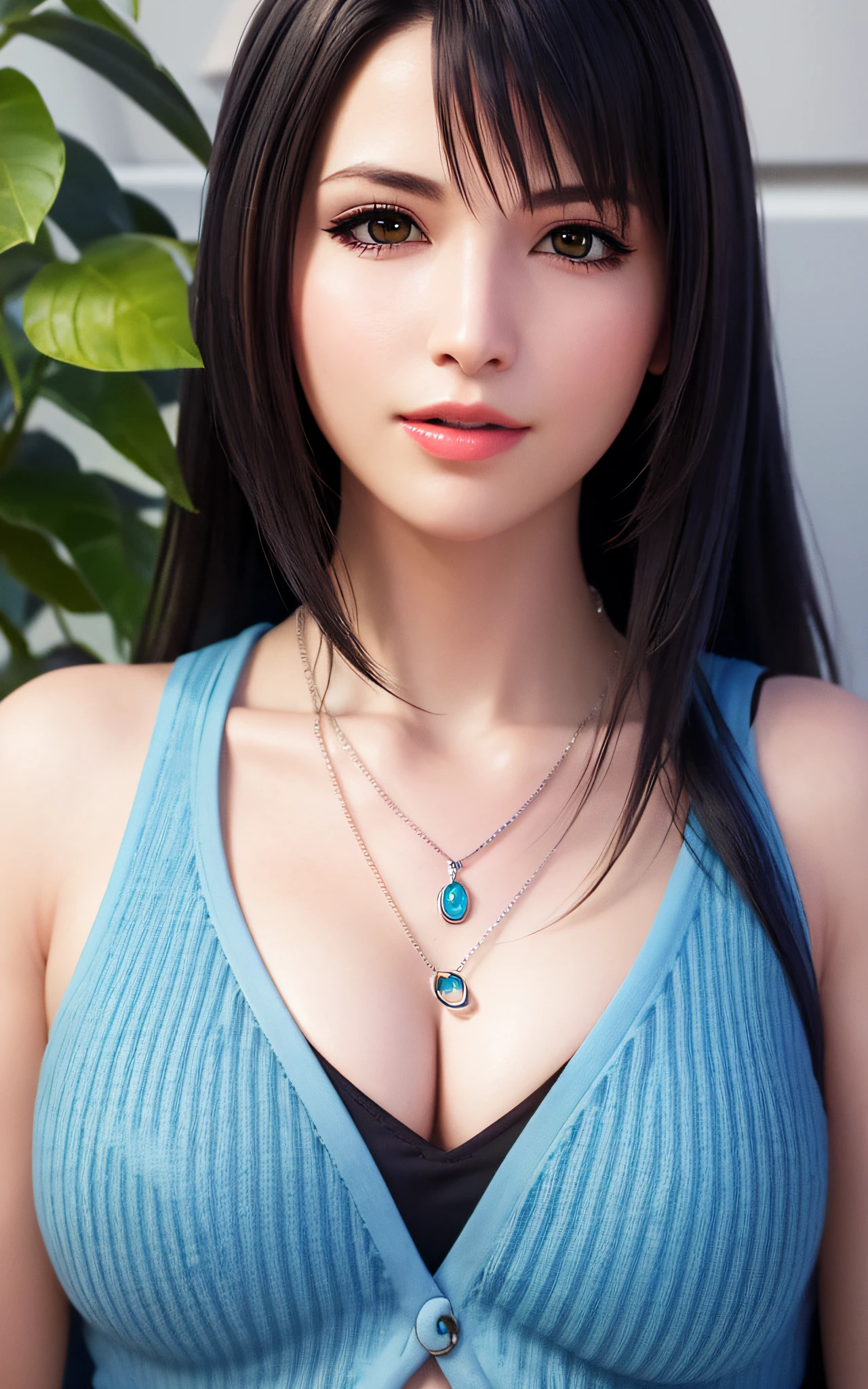 rinoa, (blue duster:1.5), blue wristbands, half body, smile, (holding necklace:1.5), unparalleled masterpiece, ultra realistic 8k CG, perfect artwork, clean, beautiful face, pure face, pale skin, intricate detail, fancy ballroom
