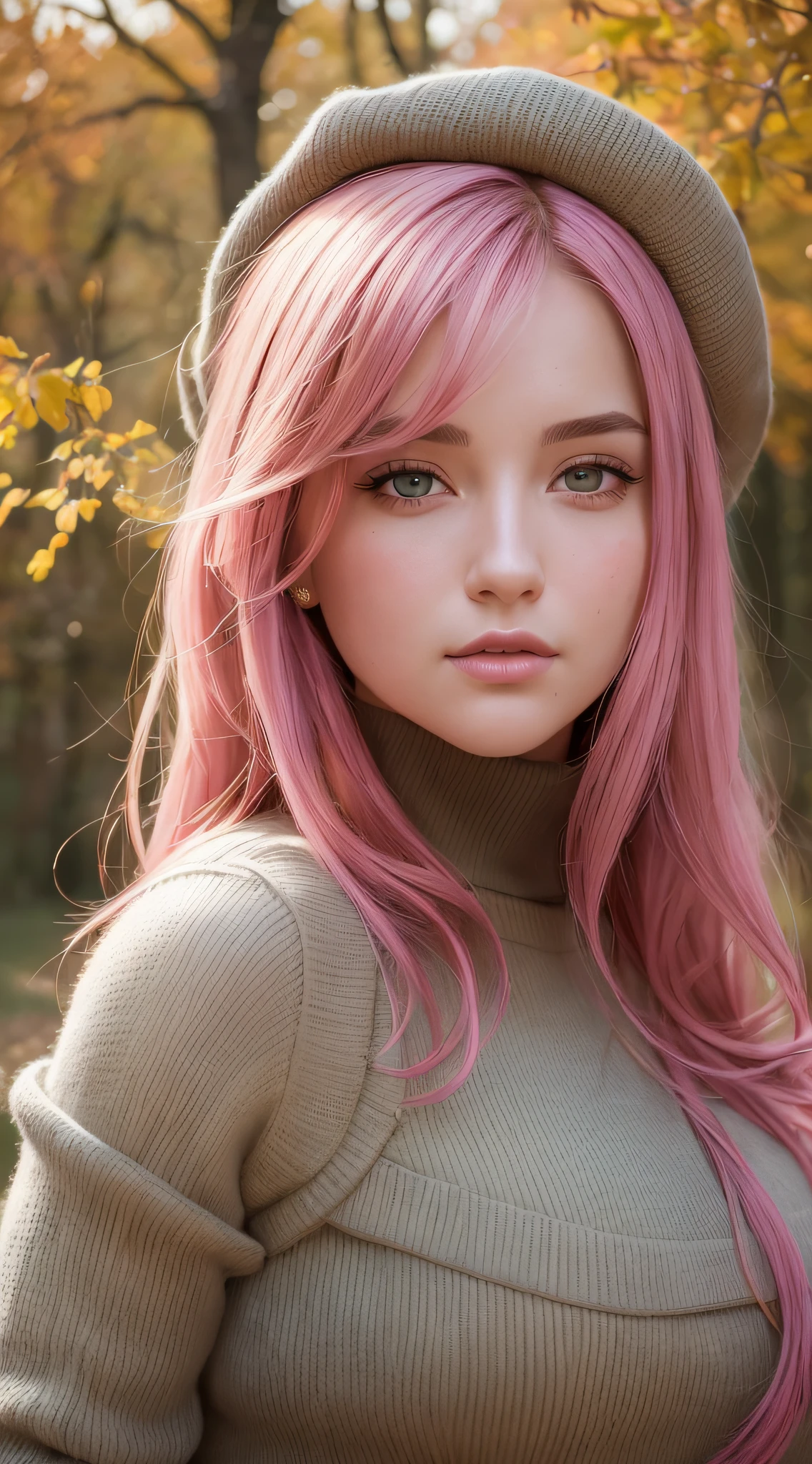 masterpiece, best quality, Highly detailed, Highly definition, park scenary, 1girl, 20s, gorgeous face, beautiful nose, detailed eyes, beautiful eyes, pink hair, autumn, wearing autumn outfit, UHD, natural light, model pose, by Greg Rutkowski and Alphonse Mucha