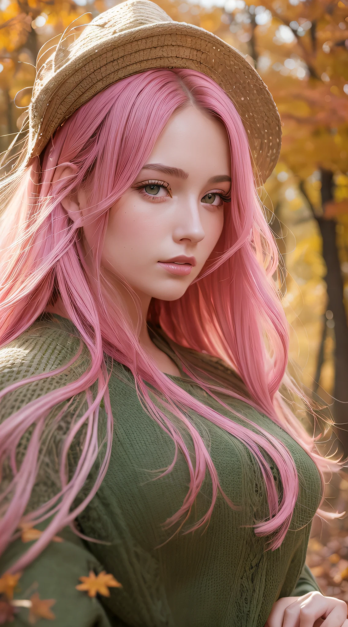 masterpiece, best quality, Highly detailed, Highly definition, park scenary, 1girl, 20s, gorgeous face, beautiful nose, detailed eyes, beautiful eyes, pink hair, autumn, wearing autumn outfit, UHD, natural light, model pose, by Greg Rutkowski and Alphonse Mucha