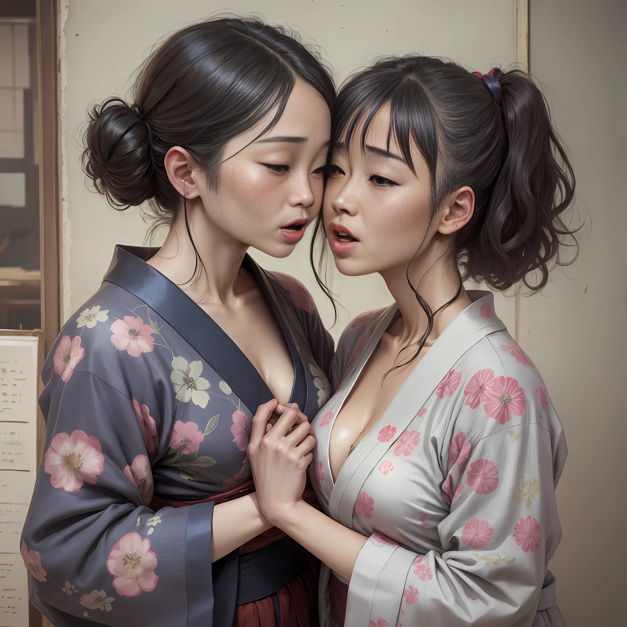 Faded old photo, old-fashioned, disheveled yukata,  yukata, no , two women, Japan woman, cleavage, kissing, sticking out tongue and licking, sweat, carefully drawing fingers