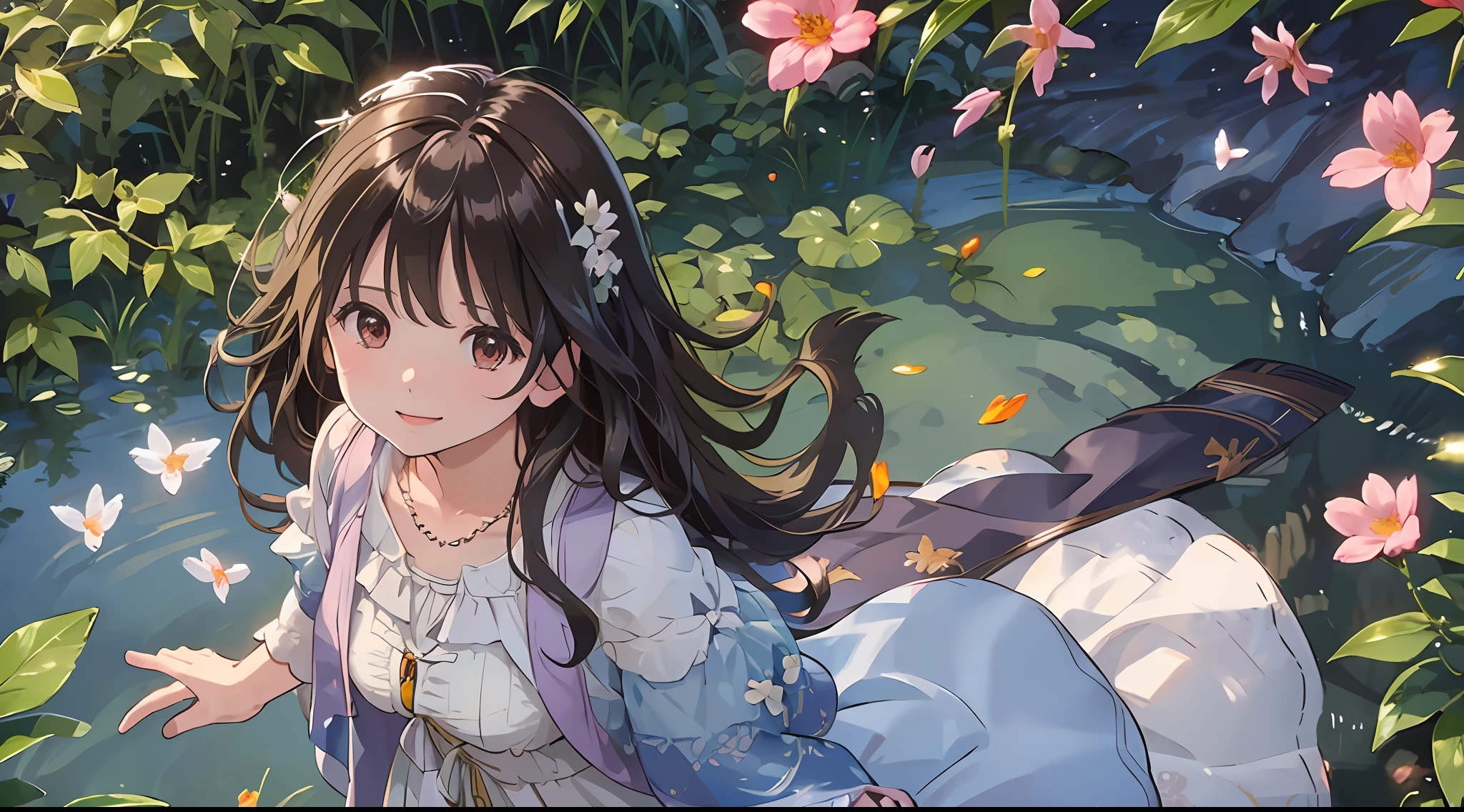 ((SFW))), Masterpiece, (High Quality), ((Photoreal)), (Cinematic Direction), (High Contrast), (Depth of Field: 1.3), (Award-winning Difference Photo: 1.1), (Face Detail), Detailed Drawing, There is a place in the forest where flowers bloom, Girl dancing in a snow-white summer dress in the flower field, Animals are jumping happily around the girl, Colorful little birds and butterflies flying around the girl,The girl ,Black hair very long hair,Flower crown, full body figure, summer sky, summer clouds, summer dazzling sunlight, flower garden, girl with open arms, dancing, necklace, smile, smile, happy, fun, girl looking up at the sky, deer, flapping duck, flapping goose, hummingbird, European bulbul, kingfisher, European orli, butterfly, Dazzling halo light, (dazzling glow: .1.4, (glow: 1.3), backlit, (colorful petals soar in the wind: 1.4), strong wind