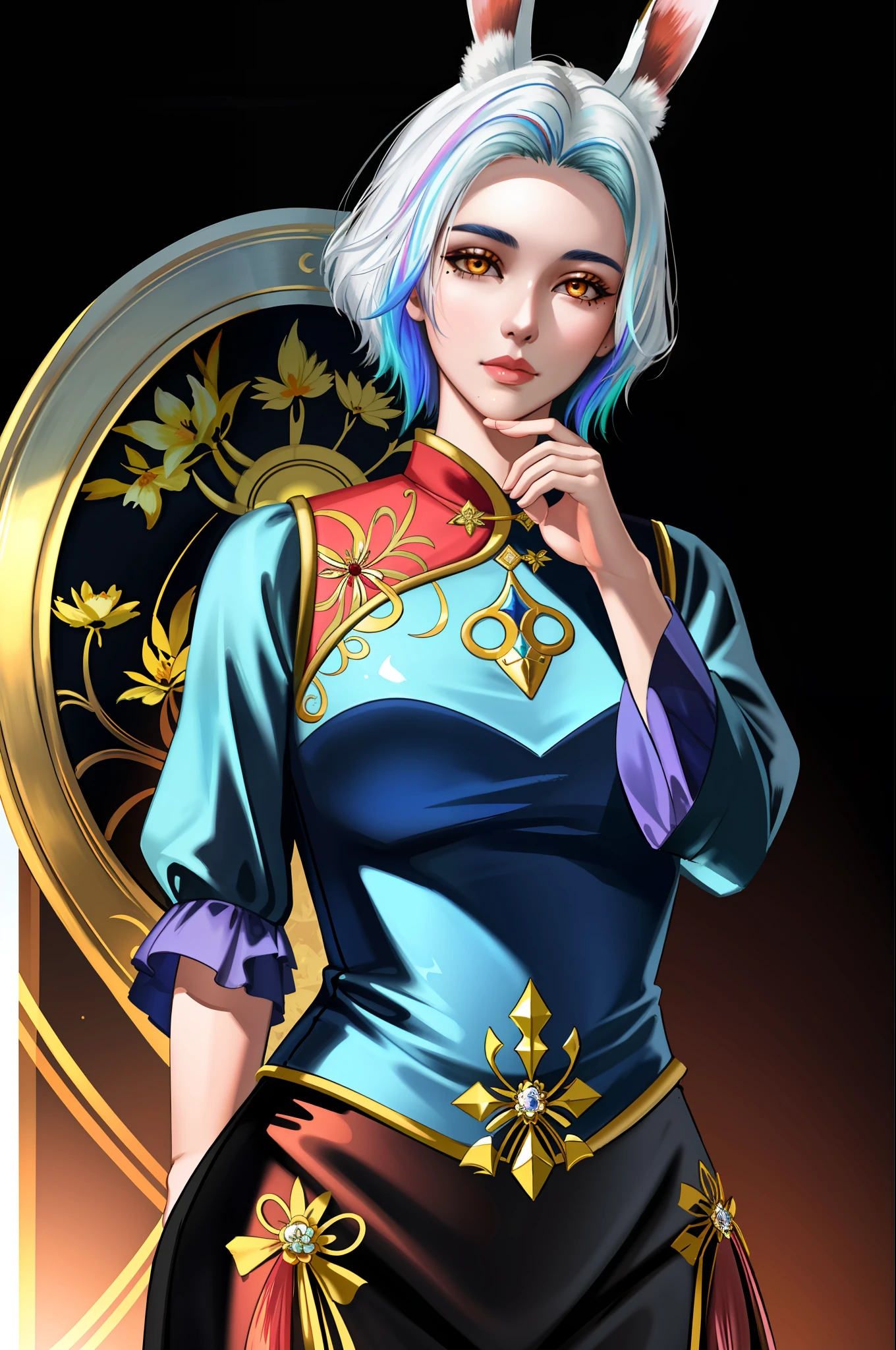 (masterpiece, best quality, ultra-detailed, highres, best illustration),perfect face, ((solo, solo focus)),sidelighting, lustrous skin,(bloom), (shine), ray tracing,masterpiece, best quality, 1girl, Kitch, Transgender female, solo, blue hair, multicolored hair, rabbit ears, two-tone hair, mole, white hair, chinese clothes, upper body, brown eyes, orange eyes, hand on own chin, looking at viewer,depth_of_field,very detailed background,extreme light and shadow,(detailed eyes), (beautiful) beautiful detailed eyes, perfect lighting , perfect anatomy,(extremely detailed illustrated 8k wallpaper),(masterpiece), (best quality), (ultra-detailed), (best illustration),(best shadow), (fantasy:1.4) , vivid colors,