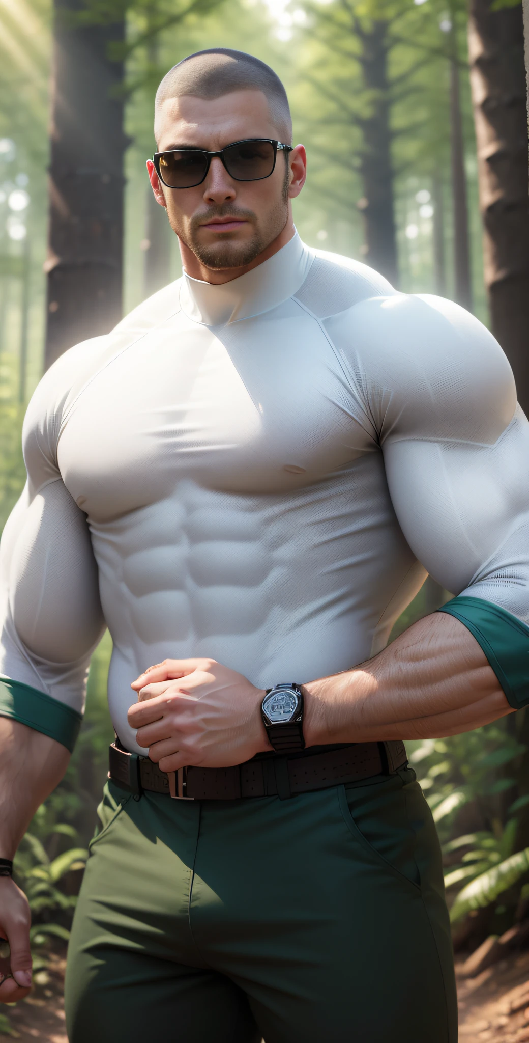 Man in off-white clothes standing in sunny forest, American round head, Buzz cut, national character face, tall and burly, muscular male hero, heroic male pose, muscular! Wearing sunglasses, skins brand white stealth suit, super buff and cool, high resolution committee, character design police, sneakers, charismatic strong male with armor, sunlight shining through the gaps in the woods