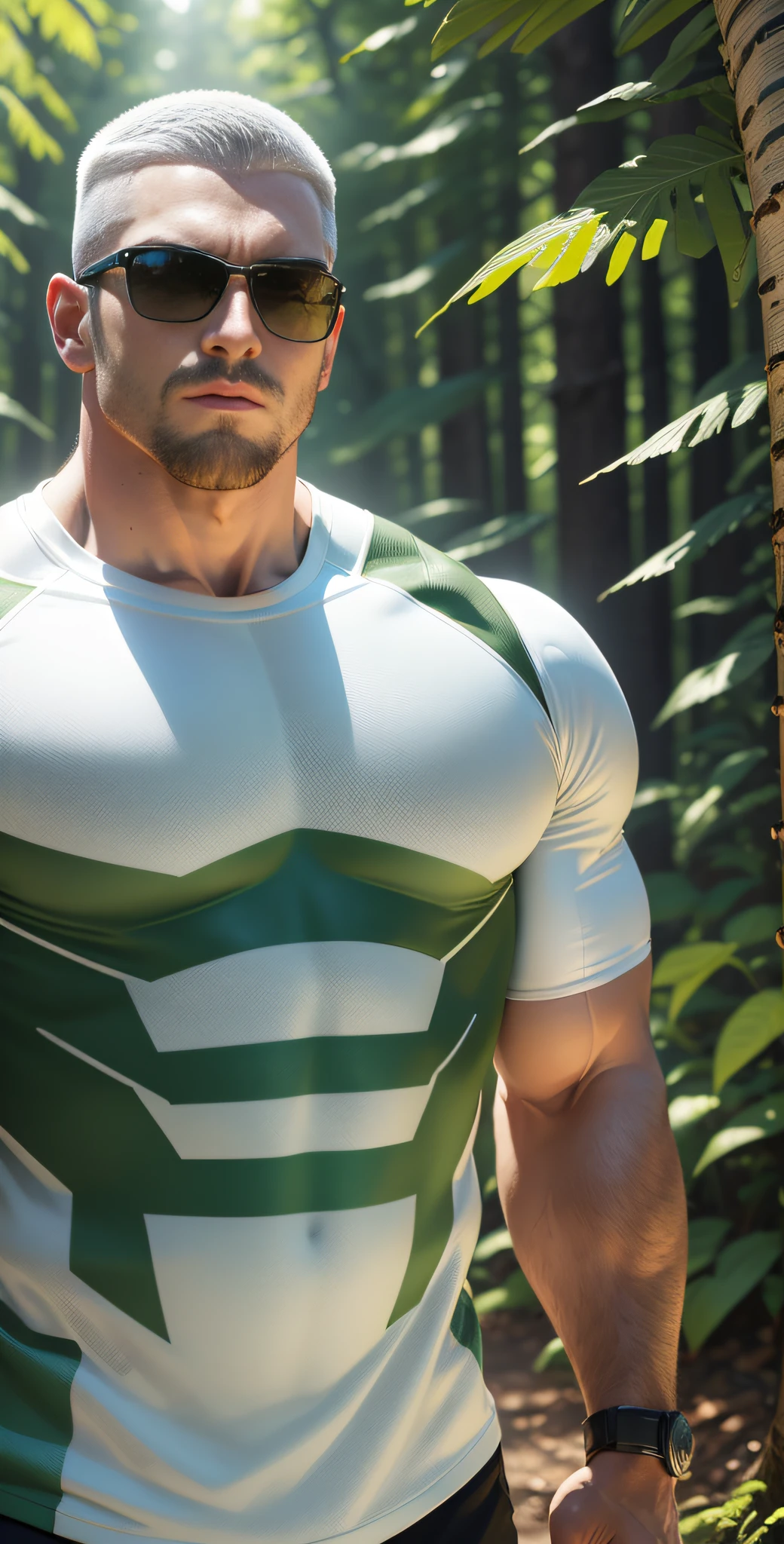 Man in off-white clothes standing in sunny forest, American round head, Buzz cut, national character face, tall and burly, muscular male hero, heroic male pose, muscular! Wearing sunglasses, skins brand white stealth suit, super buff and cool, high resolution committee, character design police, sneakers, charismatic strong male with armor, sunlight shining through the gaps in the woods