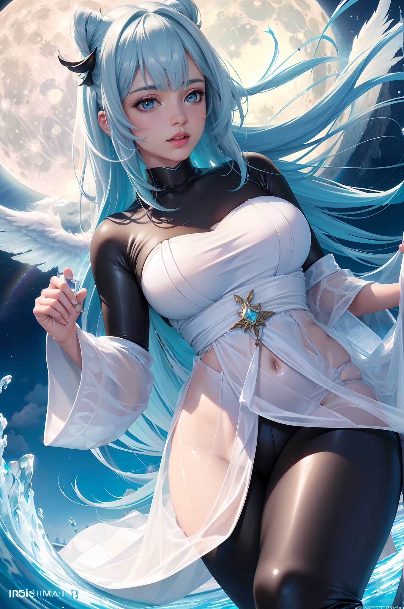 [(white background:1.5)::5], isometric, 1 girl, mid shot, shenhe \(genshin impact\),,full body, (black leggings:1.3),beautiful detailed glow,detailed ice,beautiful detailed water,(floating palaces:1.2),(ice crystal texture wings),（Iridescence and rainbow hair:2.5）, (full_moon:1.3), ((4k,masterpiece,best quality)),(8k, RAW photo:1.2),(realistic, photo-realistic, hyper-realistic:1.3),(best quality:1.0), (ultra highres:1.0),(masterpiece:1.0),