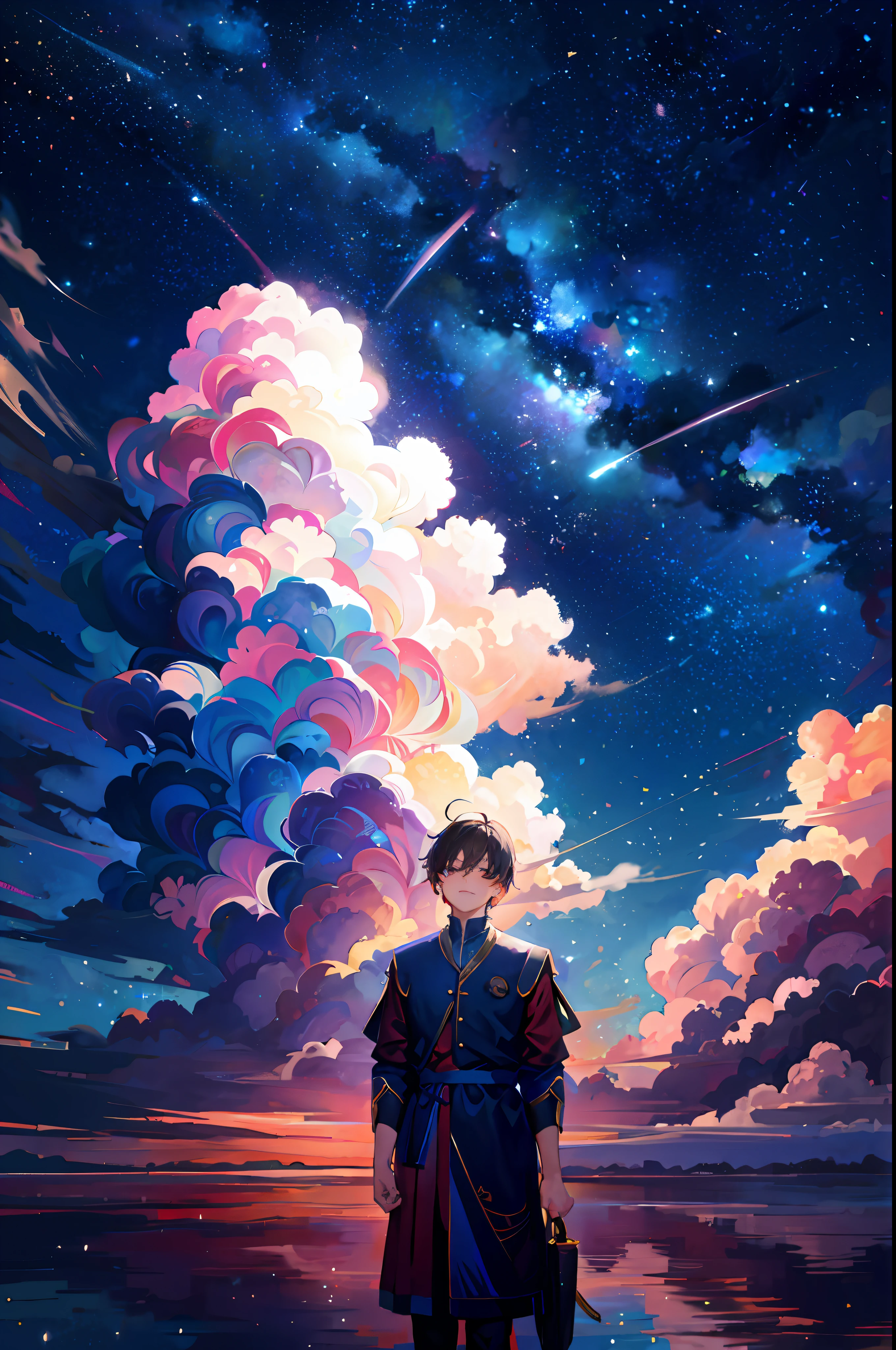 masterpiece, best quality, 1boy, clouds, starry, sky, colorful