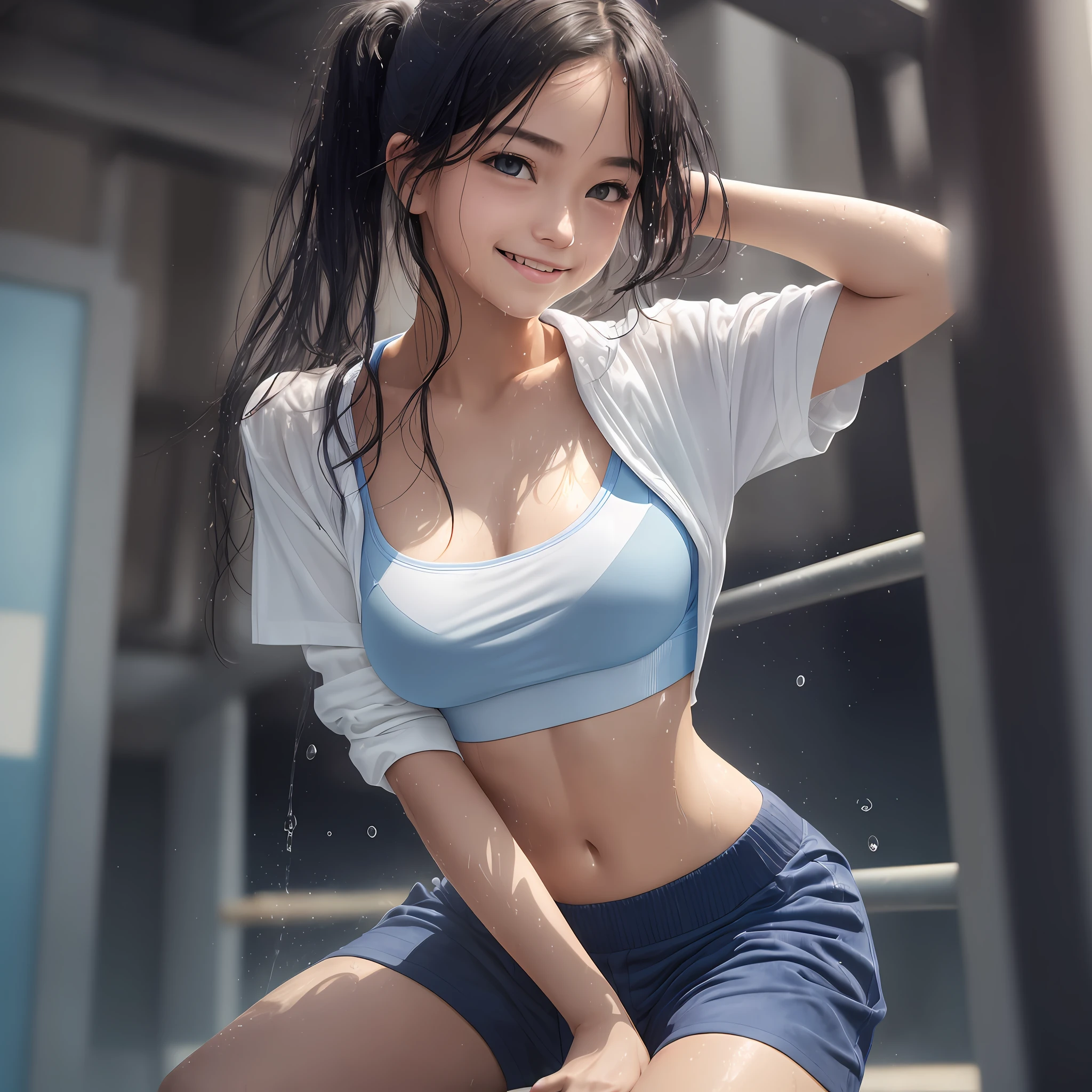 A girl, kneeling on the playground after school, ((full body visible)), far away from viewer.
She is a beautiful, pretty, adorable, cute, young, teen.
She is slim, slender, petite, skinny, (flat chest), (tiny boobs), (small breasts).
She is sweating, wet, soaked. Clothes transparent, sweat on skin, wet hair.
She is grinning, smiling. She looks natural, relaxed, unpretentious.
Trickery face. Making funny faces. (Tongue sticking out), telling a secret, hiding a secret, shy, excited.
She stares, looking at viewer.
She has a black ponytail.
She wears school uniform, a rolled-up white shirt with blue collar,(a colored Corduroy sport bra under shirt), blue shorts, wearing two layers.
shirtlift, . (((She lifts up her shirt, showing off her sports bra underneath))).
Camera focused on her face, light on face, very large aperture, ((f/1.2)), shallow depth-of-field, strong background lens blur, ISO 3000, auto white balance,
Extremely detailed, professional lighting, soft light, raw photo, fashion model for uniqlo,
best quality, masterpiece, award-winning photography, huge filesize, 8k, highres,
shot on Sony DSLR. --auto --s2