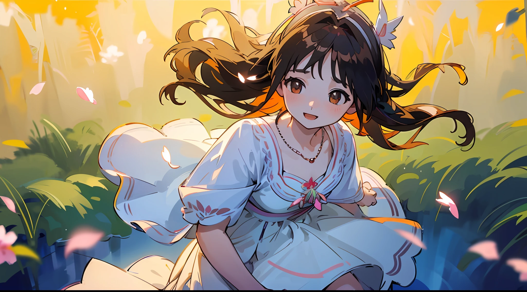((SFW))), Masterpiece, (High Quality), ((Photoreal)), (Cinematic Direction), (High Contrast), (Depth of Field: 1.3), (Award-winning Difference Photo: 1.1), (Face Detail), Detailed Drawing, There is a place in the forest where flowers bloom, Girl dancing in a snow-white summer dress in the flower field, Animals are jumping happily around the girl, Colorful little birds and butterflies flying around the girl,The girl is 11 years old,Black hair very long hair,Flower crown, full body figure, summer sky, summer clouds, summer dazzling sunlight, flower garden, girl with open arms, dancing, necklace, smile, smile, happy, fun, girl looking up at the sky, deer, flapping duck, flapping goose, hummingbird, European bulbul, kingfisher, European orli, butterfly, Dazzling halo light, (dazzling glow: .1.4, (glow: 1.3), backlit, (colorful petals soar in the wind: 1.4), strong wind