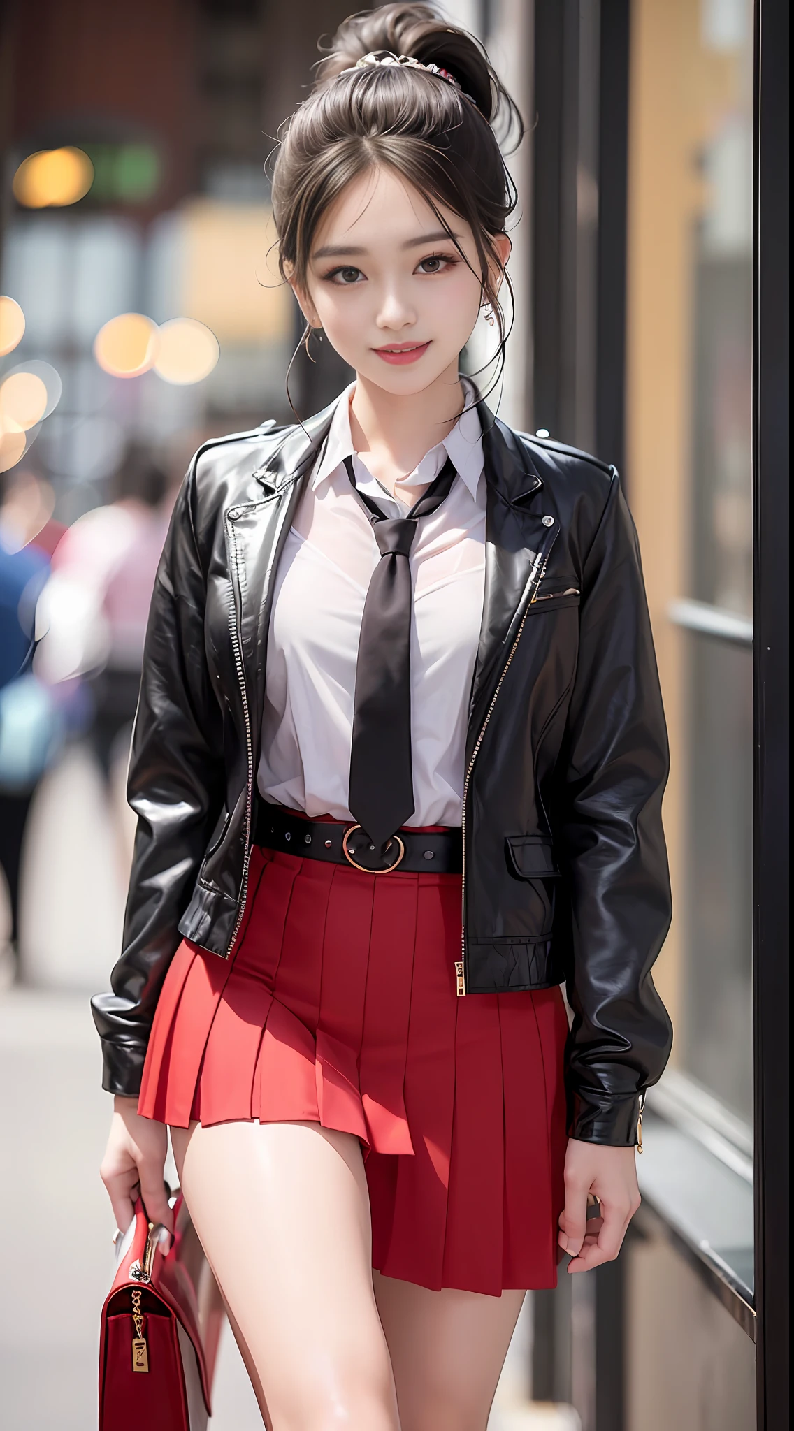 Exquisite, masterpiece, beautiful details, colorful, exquisite details, delicate lips, intricate details, 1 female, (a beautiful 20-year-old cute Korean woman: 1.1), (kpop idol, Korean mixed), (50mm Sigma f/1.4 ZEISS lens, F1.4, 1/800s, ISO 100, photograpy: 1.1), (ponytail + brunette hair: 1.2), (photorealistic: 1.4), (SPY:1.2), (Open Jacket,Shirt, Skirt,Tie,Christian Louboutin\(Brand\),:1.3), Earrings, Necklaces, Armbands, (Tavern, Bar:1.2), (Beautiful Legs, High Girl, Skinny, slim_legs, thigh_gap, Model:1.2), Lens flare, from the front, (Happy smile: 1.1), dynamic pose, (makeup: 1.2), red clothes