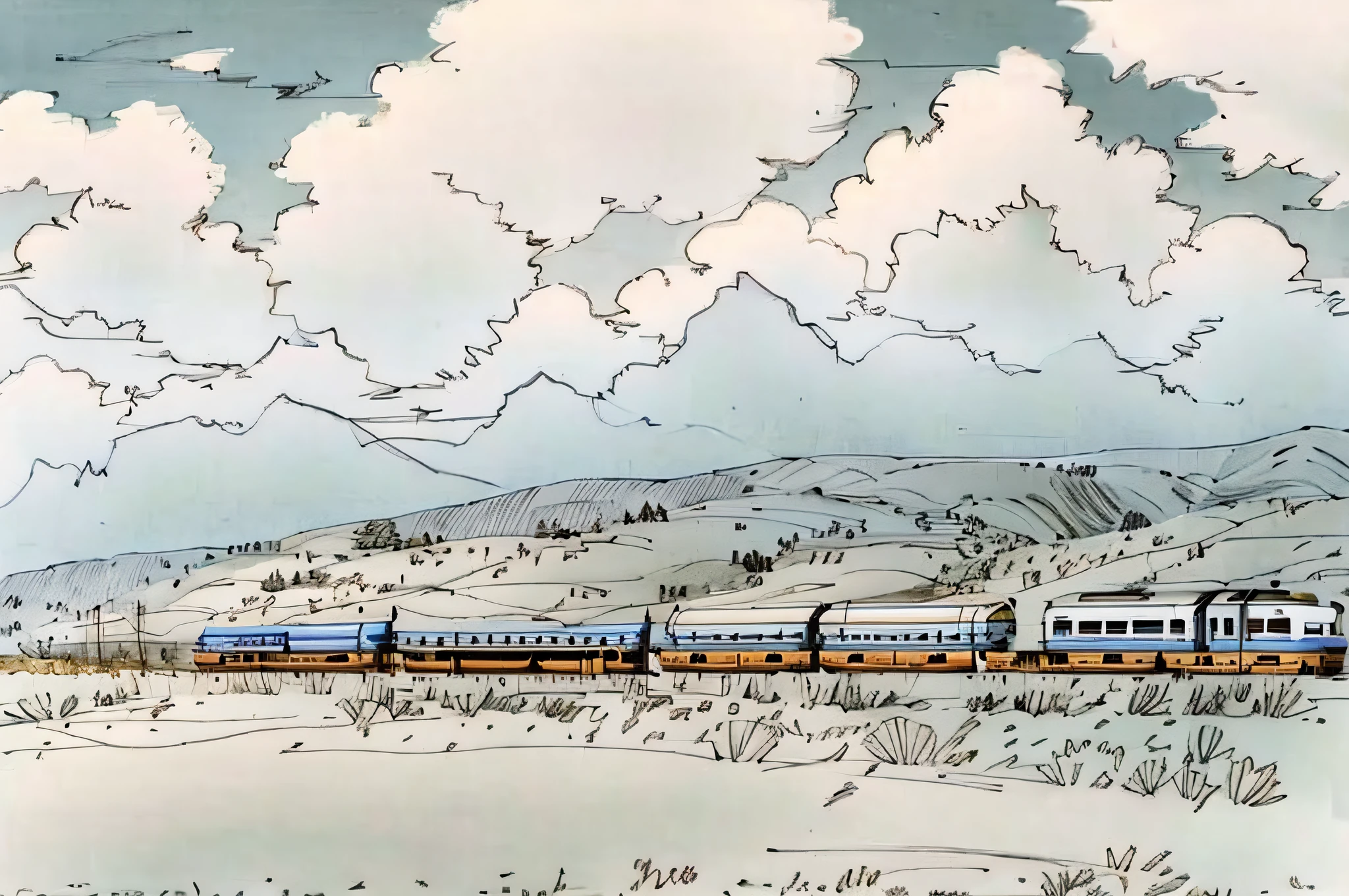 linear, gray, white background, simple background, sketch, sketch, pen_sketch_style, electric train on rails in a green field with hills in the background, trains in the background, Mongolia, 4 0 9 6, train, cinematic landscape of the Silk Road, profile view from afar, rocky hill in the distance, steppe, steppe, hills in the background, with hilly terrain