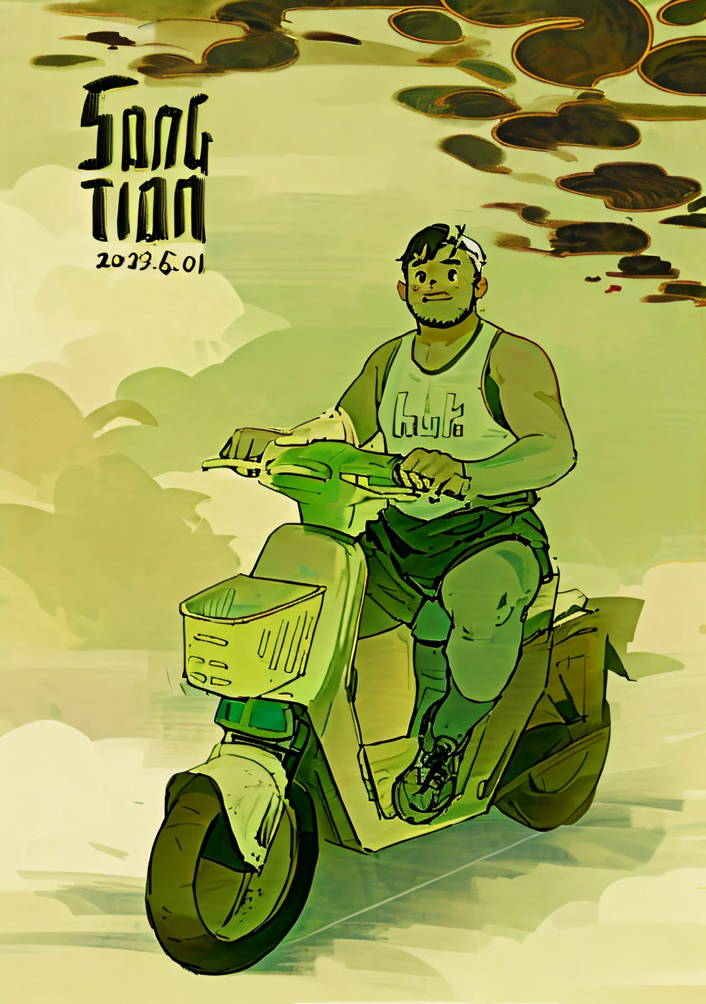 Painting of a man on a motorcycle, topless, slightly chubby, bearded, cute, Japanese, with a basket in front