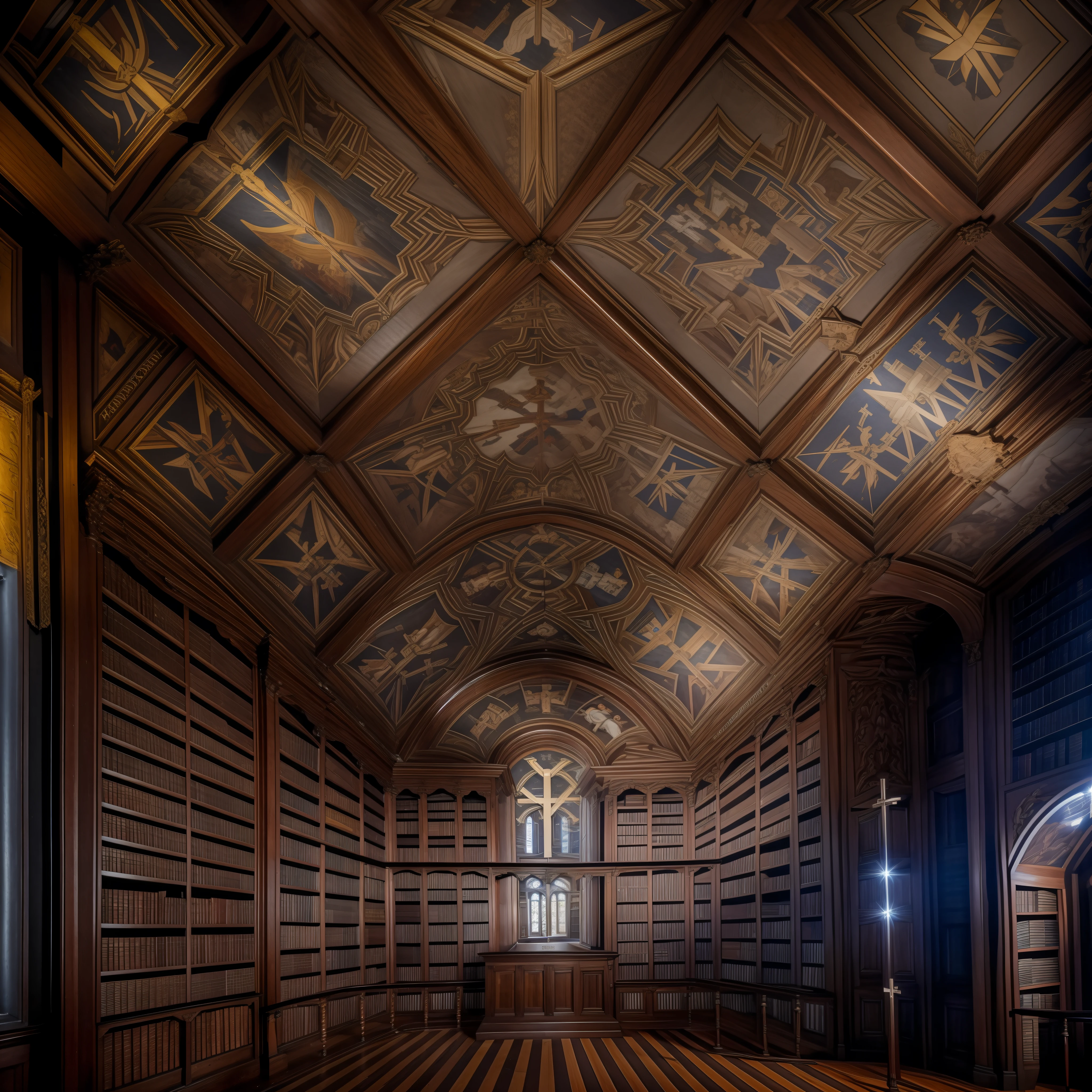RAW photo. Ultra quality. Library. Christian. Ultra details. Painting of the Ceiling of the Chapel. Lots of books. Dark wood. 8K wallpaper. Big cross in the middle. (better quality).