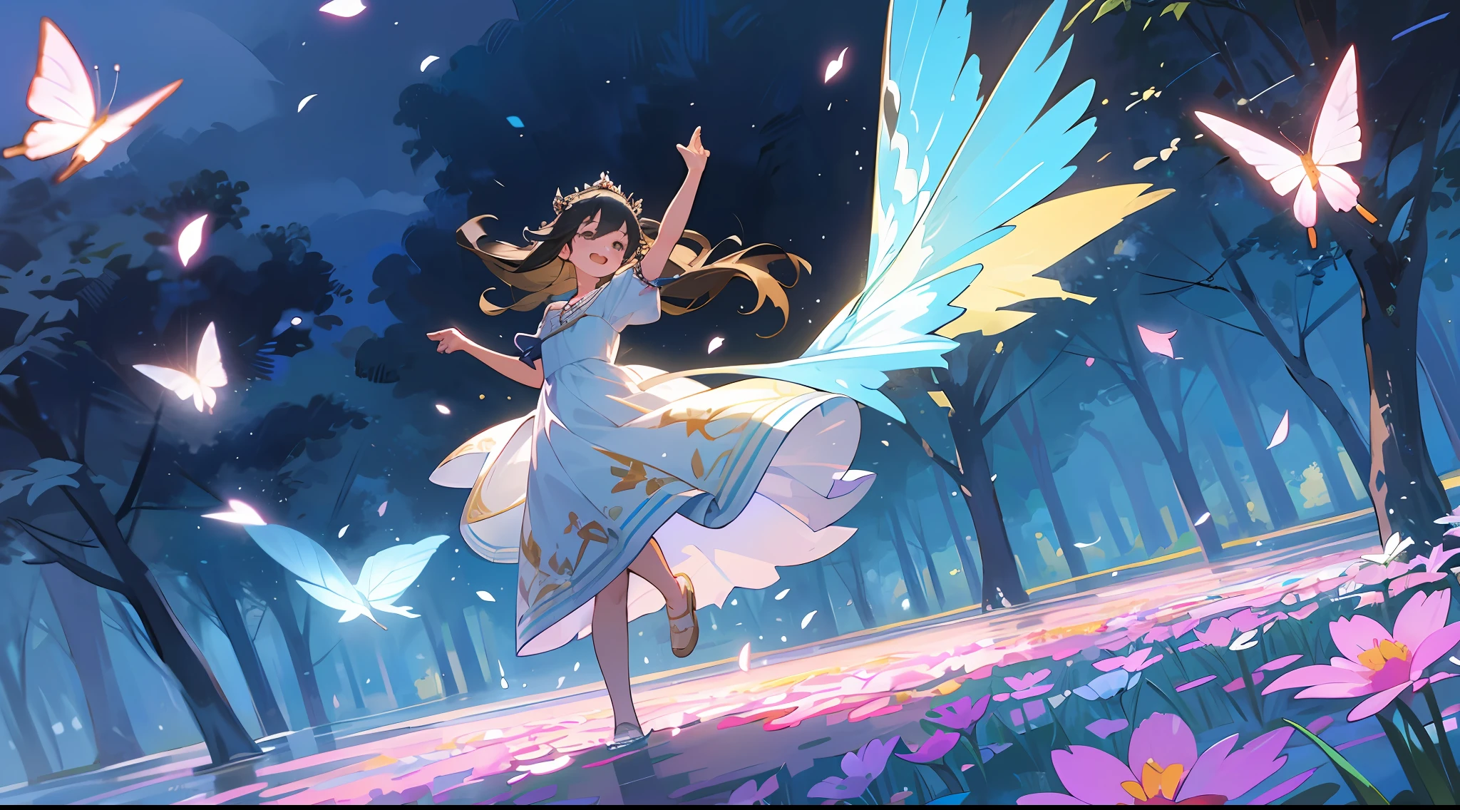 ((SFW))), Masterpiece, (High Quality), ((Photoreal)), (Cinematic Direction), (High Contrast), (Depth of Field: 1.3), (Award-winning Difference Photo: 1.1), (Face Detail), Detailed Drawing, There is a place in the forest where flowers bloom, Girl dancing in a snow-white summer dress in the flower field, Animals are jumping happily around the girl, Colorful little birds and butterflies flying around the girl,The girl is 11 years old,Black hair very long hair,Flower crown, full body figure, summer sky, summer clouds, summer dazzling sunlight, flower garden, girl with open arms, dancing, necklace, smile, smile, happy, fun, girl looking up at the sky, deer, flapping duck, flapping goose, hummingbird, European bulbul, kingfisher, European orli, butterfly, Dazzling halo light, (dazzling glow: .1.4, (glow: 1.3), backlit, (colorful petals soar in the wind: 1.4), strong wind