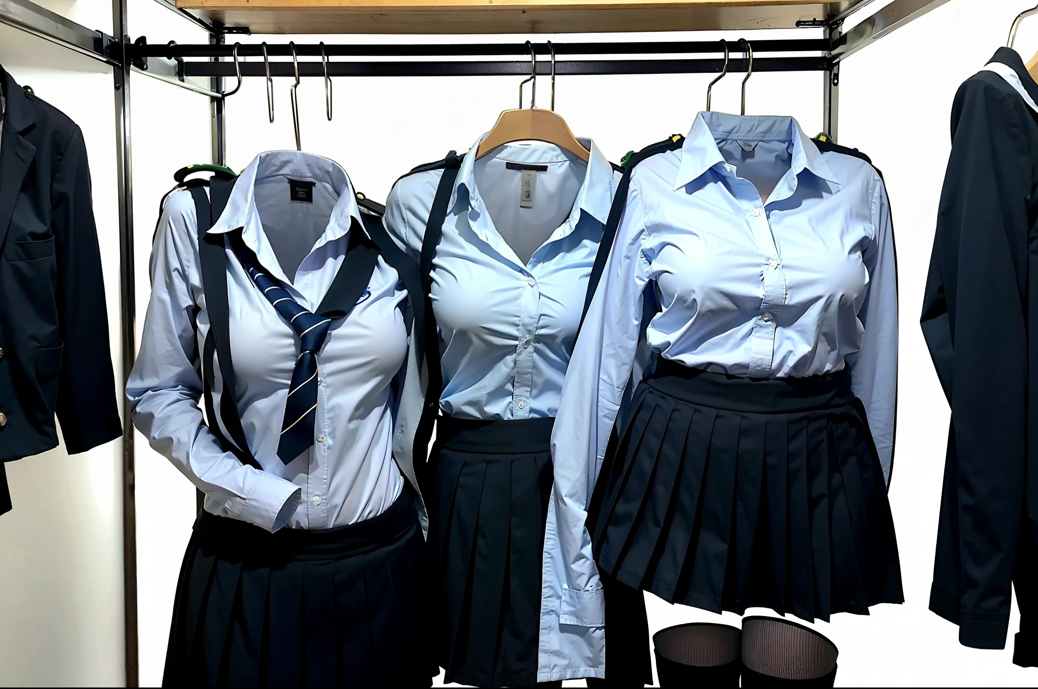 hanger school uniforms in closet raise their sleeves as if invisible girl wear it, school uniforms swells as if possessed by invisible girls, school uniforms have huge breasts, (((((no humans))))), (headless), faceless, invisible girls, (hanger), (in closet), hand on hip, (masterpiece), ((invisible)), huge breasts, very short skirt