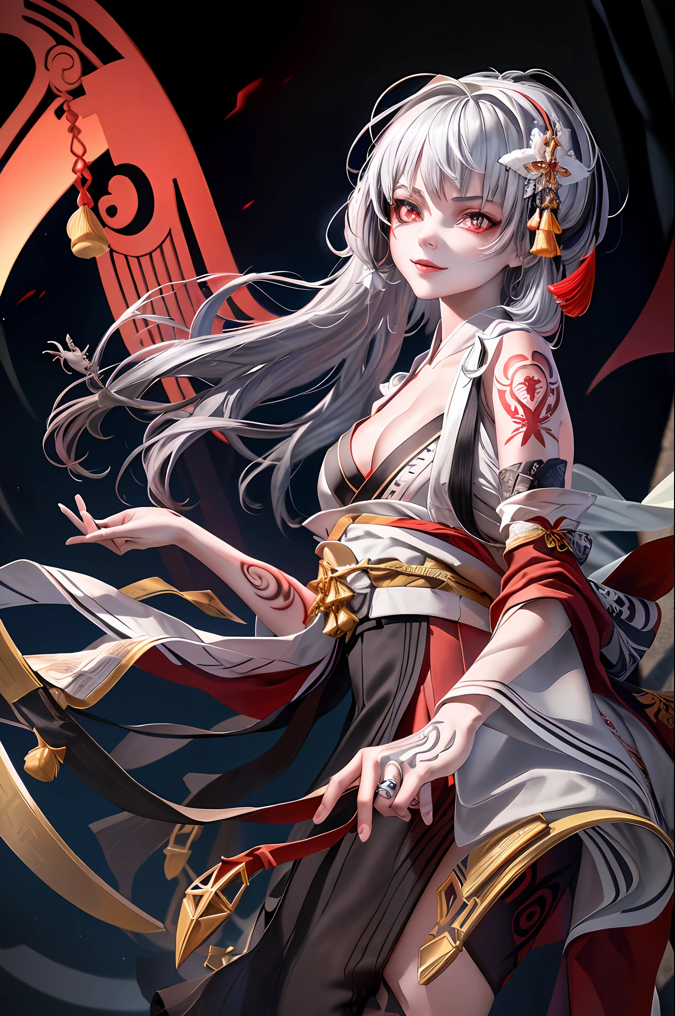 Masterpiece, Top Quality, Chinese Fairy, 1 Girl \(\) and Iris Red Dragon Fear,((Chinese Dragon glaring at the girl)),Dark gray background, Masterpiece, Best quality, High quality,(Dark shapeless creature with dark red glow and red eyes surrounded by darkness:1.2), (in profile), (Darkness:1.2), Abstraction, Deep Sea, Award-winning photography, Depth of field, HDR, Very detailed, trending in art station, trending in CGsociety, complex, high detail,(Masterpiece:1.2, highest quality)(Best lighting, very delicate and beautiful)(Best lighting, very delicate and beautiful)(Beautiful detailed face)(Detailed face with detailed eyes:1.2), (Young girl, Little Beast, 1girl, Solo, Crazy smile, Pale skin,G cup,Cleavage,19 piercings,((tattoos all over the body,tribal tattoos all over the legs)) gray hair, glowing red eyes, dynamic angle, vampires, pointy_ears,(depth of field),high contrast,cowboy shot,full body, play,(((chinese kimono))),punk costumes,