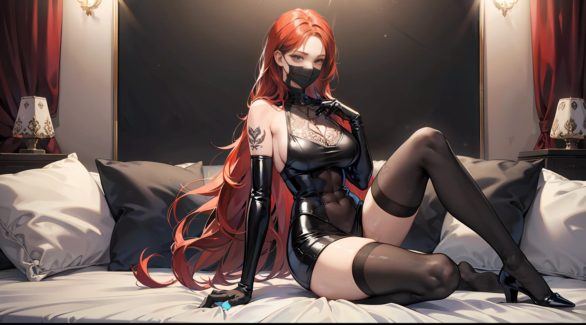 Redhead babe, black mask, full-body lens, 8K resolution, strong figure, {{Huge_breast}}, straight chest, slender waist, tall, slender legs, thin and transparent tights, {{latex}}, {{glossy}}, {slim}, fair skin, {black_stockings}, highest details, light curls, long bangs, openwork, side space, various tattoos all over the body, open legs, sitting on the bed --auto --s2