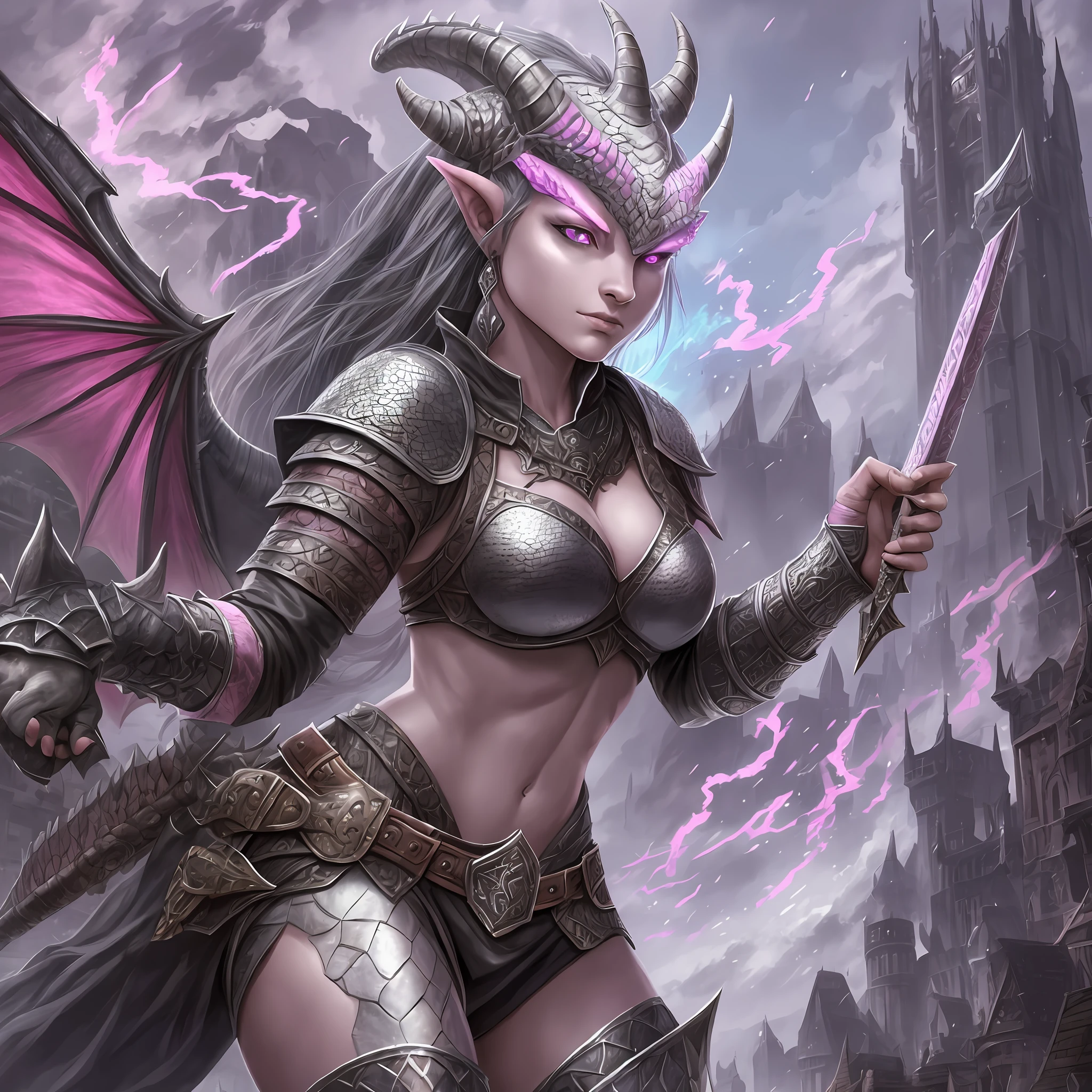 A girl, epic character, dragonborn, mix between human and dragon, gray skin, pink scales, backward facing horn, wearing heavy leather, masterpiece, High-quality, medieval, warrior, D&D style, RPG book character. --auto --s2