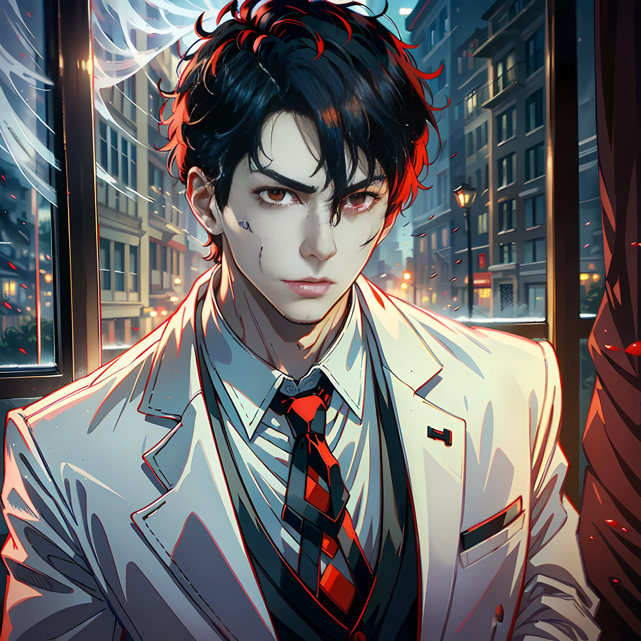 At night, by the window, Red Moon, a handsome boy, about to turn into a zombie, open hands, facial hyper-detail, short black hair, white suit, red eyes, sides, facial hyper-detail, no blood, highly real, 4K, chiaroscuro, super detailed