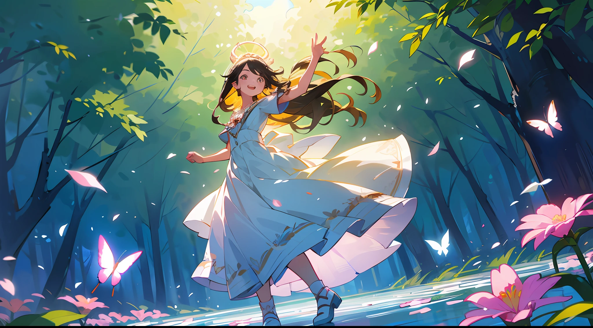 ((SFW))), Masterpiece, (High Quality), ((Photoreal)), (Cinematic Direction), (High Contrast), (Depth of Field: 1.3), (Award-winning Difference Photo: 1.1), (Face Detail), Detailed Drawing, There is a place in the forest where flowers bloom, Girl dancing in a snow-white summer dress in the flower field, Animals are jumping happily around the girl, Colorful little birds and butterflies flying around the girl,The girl is 11 years old,Black hair very long hair,Flower crown, full body figure, summer sky, summer clouds, summer dazzling sunlight, flower garden, girl with open arms, dancing, necklace, smile, smile, happy, fun, girl looking up at the sky, deer, flapping duck, flapping goose, hummingbird, European bulbul, kingfisher, European orli, butterfly, Dazzling halo light, (dazzling glow: .1.4, (glow: 1.3), backlit, (colorful petals soar in the wind: 1.4), strong wind