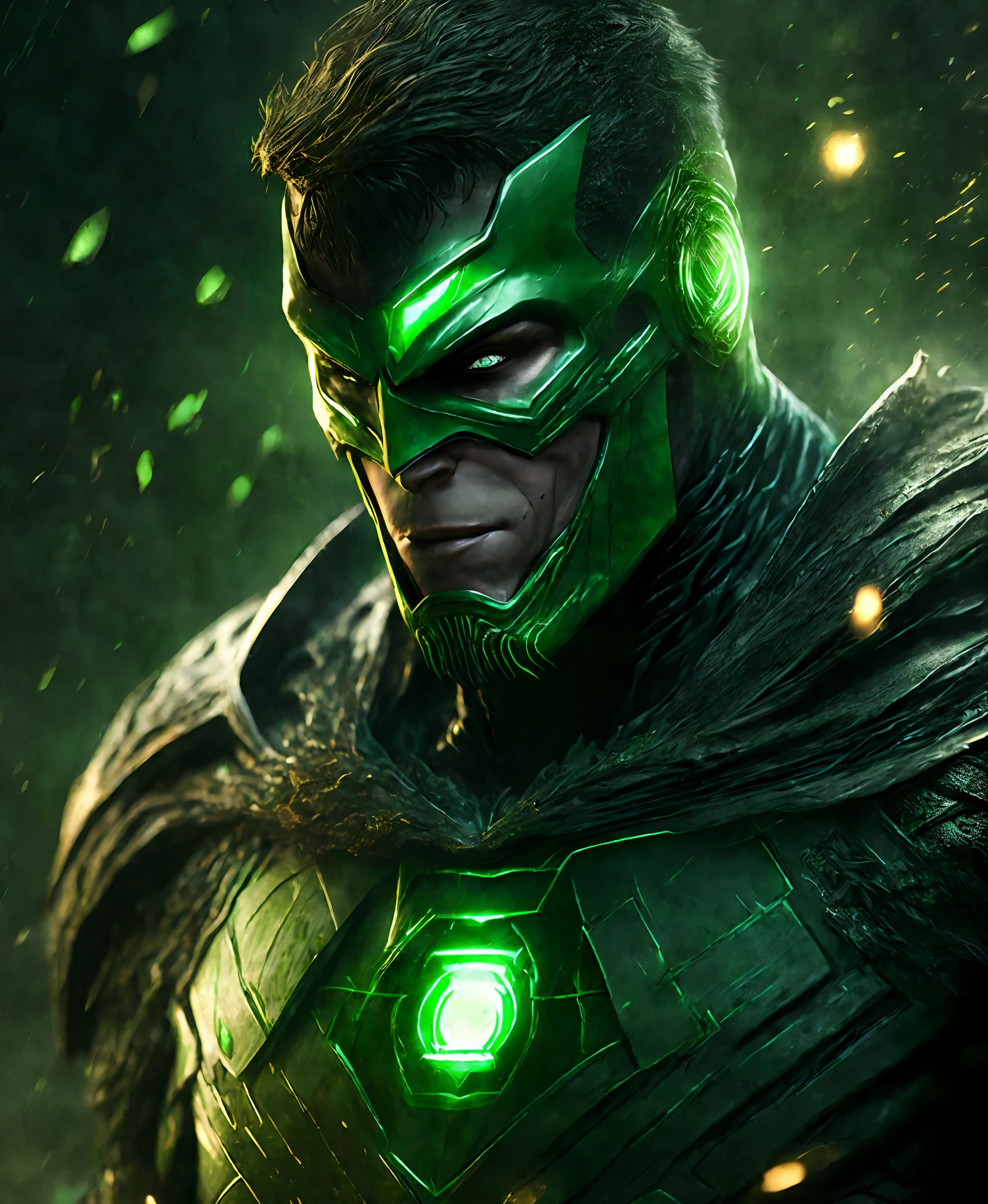 Close-up (Green Lantern from DC in Viking style: 1.3) emerging from wet black mud, extremely detailed, smoke, sparks, metal shavings, flying debris, volumetric light