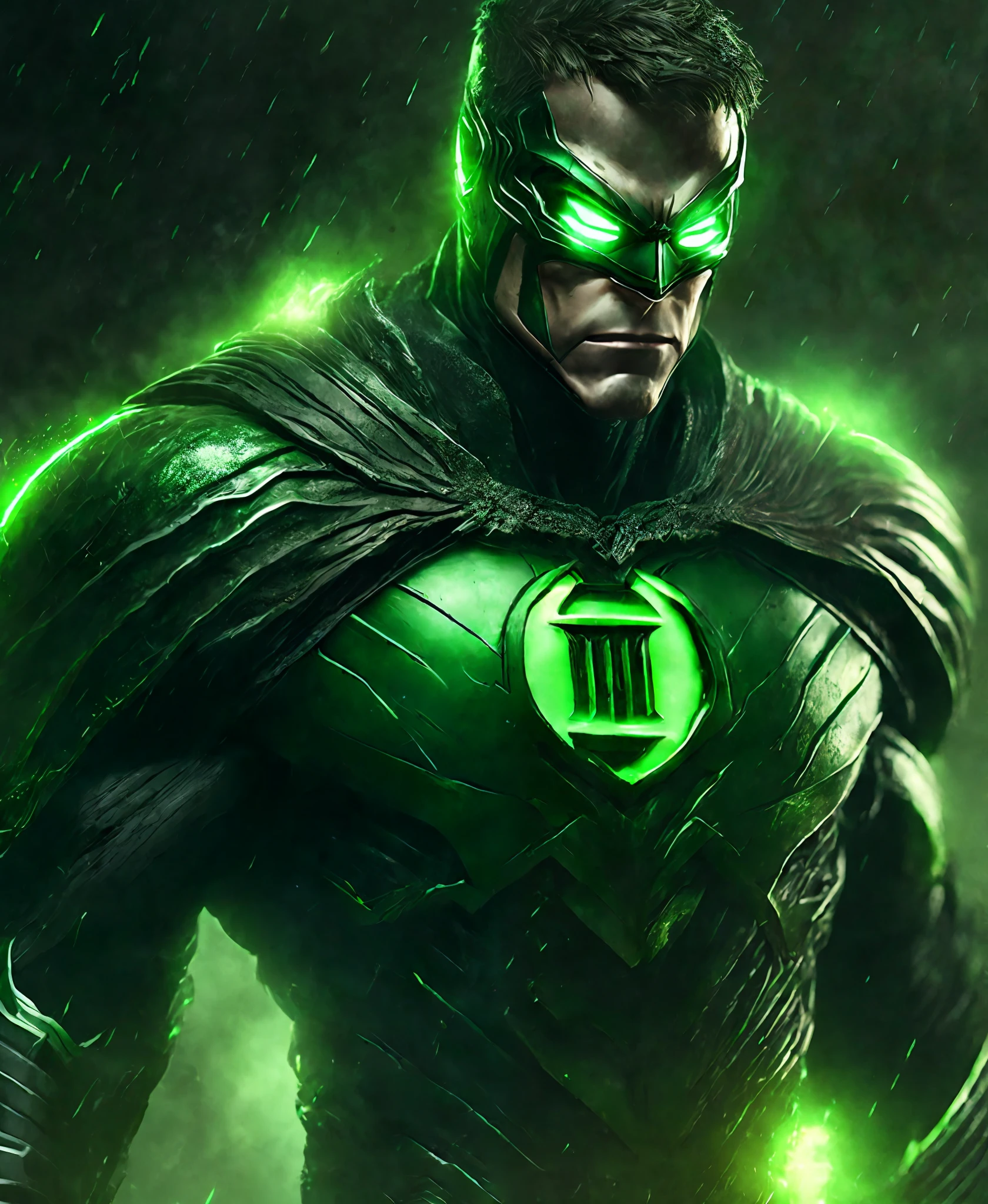 Close-up (Green Lantern from DC in Viking style: 1.3) emerging from wet black mud, extremely detailed, smoke, sparks, metal shavings, flying debris, volumetric light