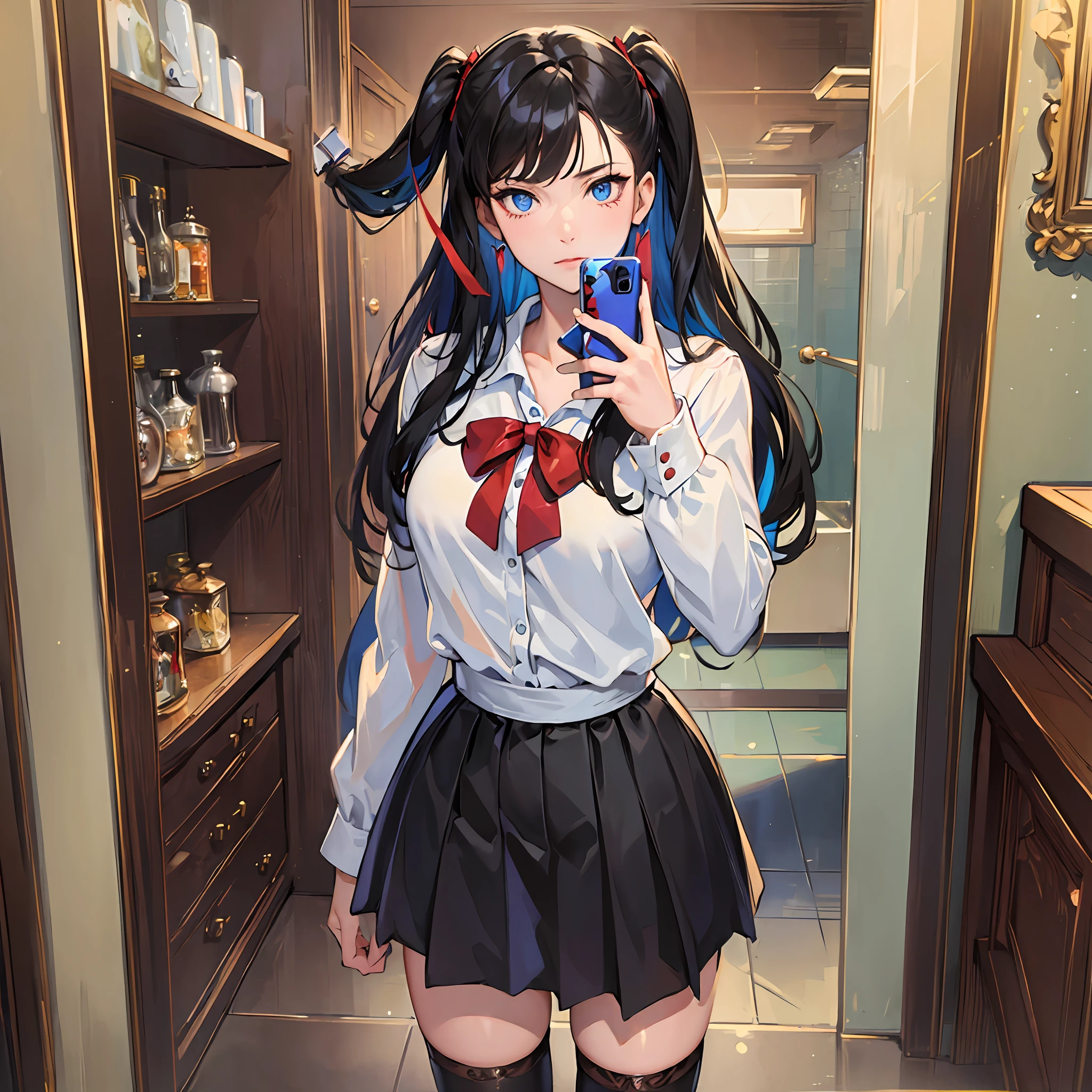 (masterpiece:1.5), illustration, 4k, 8k, (high quality:1.1), highly detailed, detailed face, HDR, vivid colors, natural lighting, pretty eyes, beautiful face, 1girl, 1girl, tohsaka rin, solo, long hair, thighhighs, two side up, skirt, red shirt, blue eyes, black thighhighs, black hair, girl mirror selfie, standing, hand on hip, holding phone, looking at viewer, expressionless --auto --s2