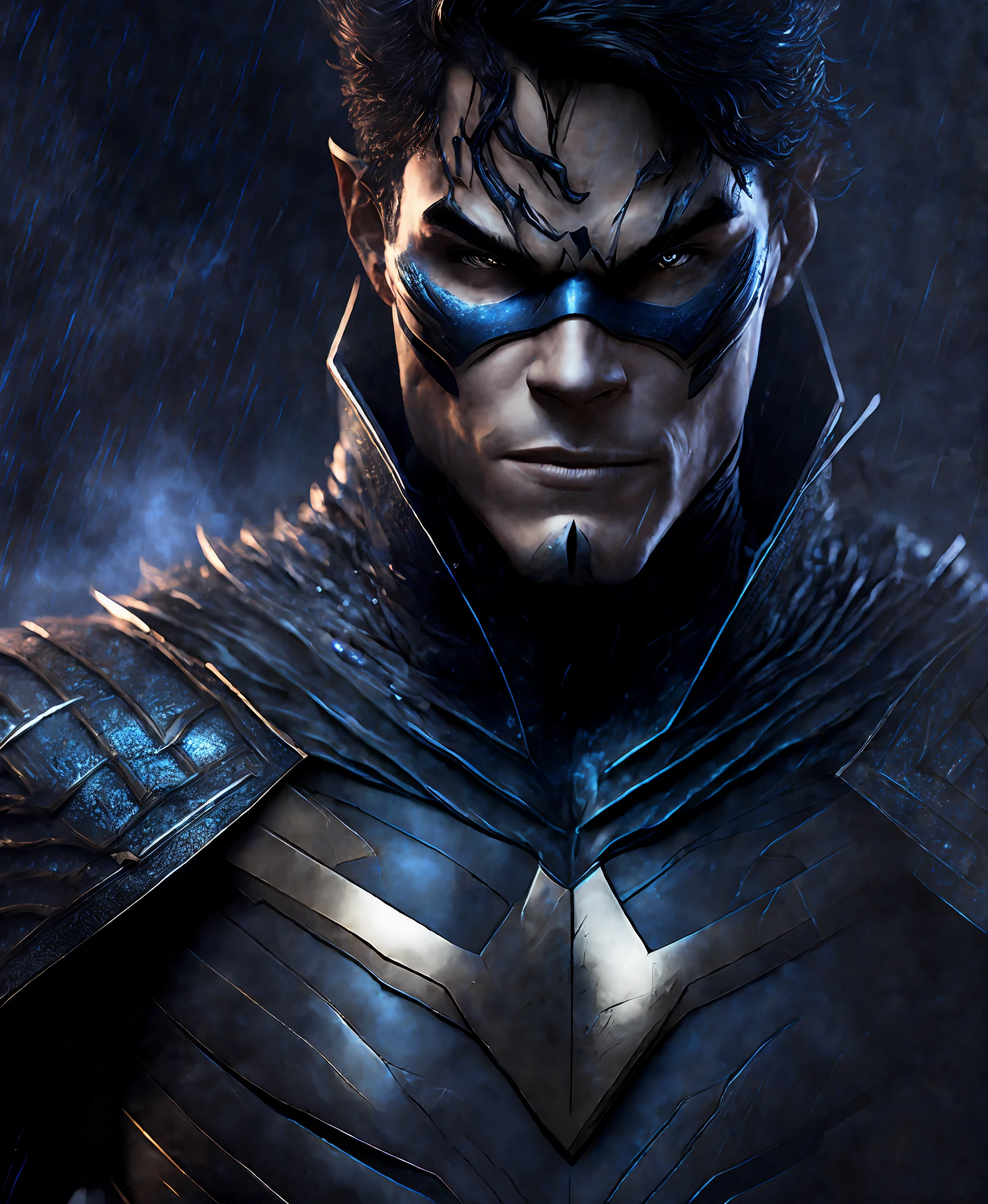 Close-up (Nightwing from DC in Viking style: 1.3) emerging from wet black mud, extremely detailed, smoke, sparks, metal shavings, flying debris, volumetric light
