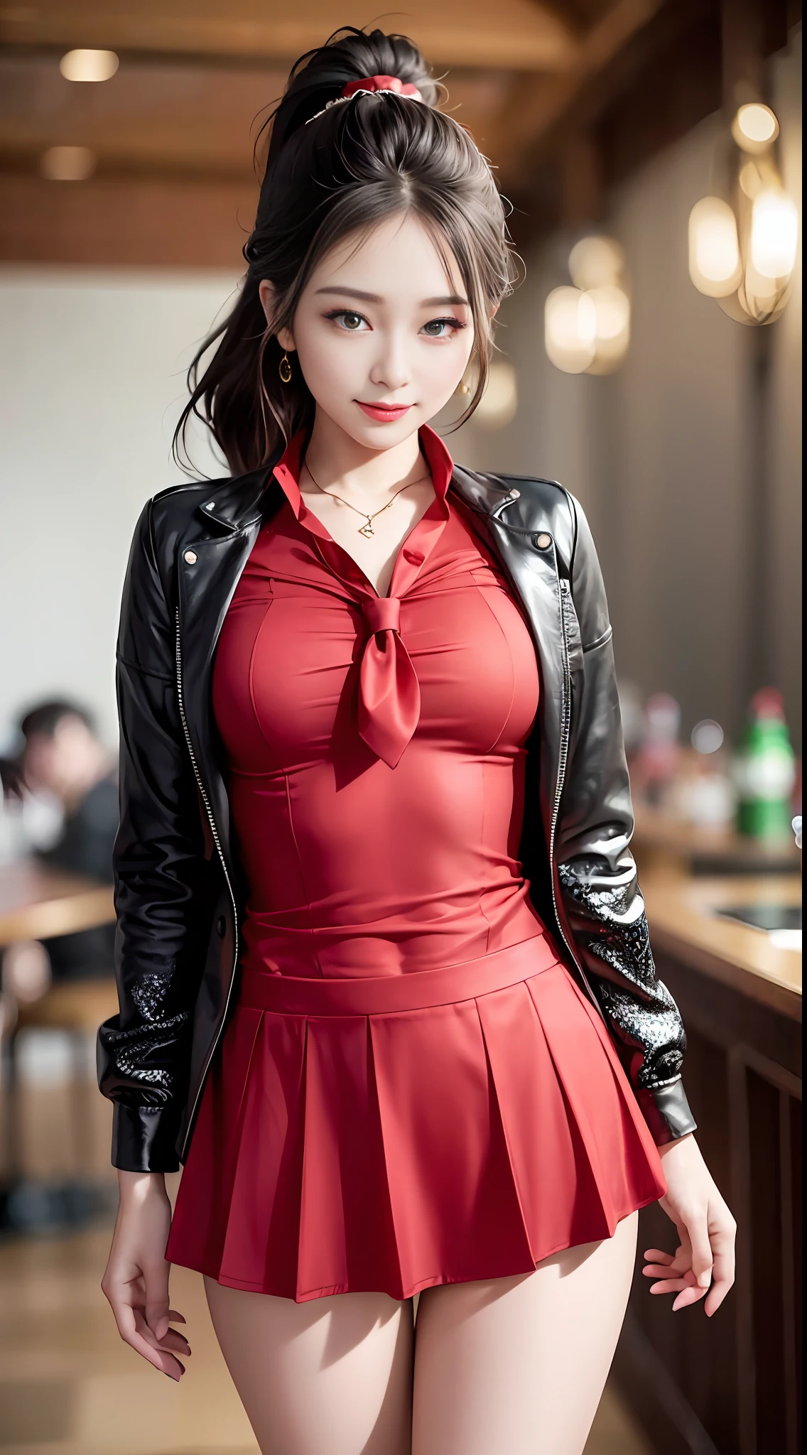 Exquisite, masterpiece, beautiful details, colorful, exquisite details, delicate lips, intricate details, 1 female, (a beautiful 20-year-old cute Korean woman: 1.1), (kpop idol, Korean mixed), (50mm Sigma f/1.4 ZEISS lens, F1.4, 1/800s, ISO 100, photograpy: 1.1), (ponytail + brunette hair: 1.2), (photorealistic: 1.4), (SPY:1.2), (Open Jacket,Shirt, Skirt,Tie,Christian Louboutin\(Brand\),:1.3), Earrings, Necklaces, Armbands, (Tavern, Bar:1.2), (Beautiful Legs, High Girl, Skinny, slim_legs, thigh_gap, Model:1.2), Lens flare, from the front, (Happy smile: 1.1), dynamic pose, (makeup: 1.2), red clothes