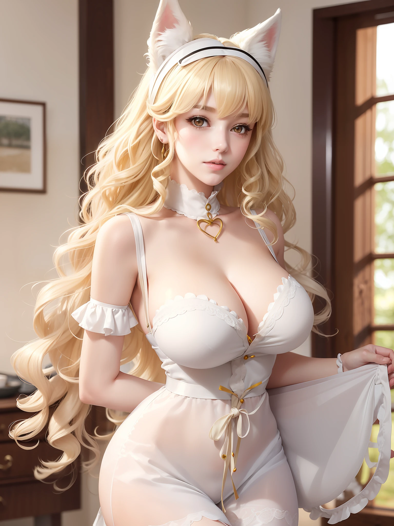 Woman, blonde curly hair, yellow eyes, white fox ears, dressed as a maid, front, bangs, 1girl, blushing, mature female, (big breasts: 1.3), thin waist, pantyhose, thighs, arms behind back,