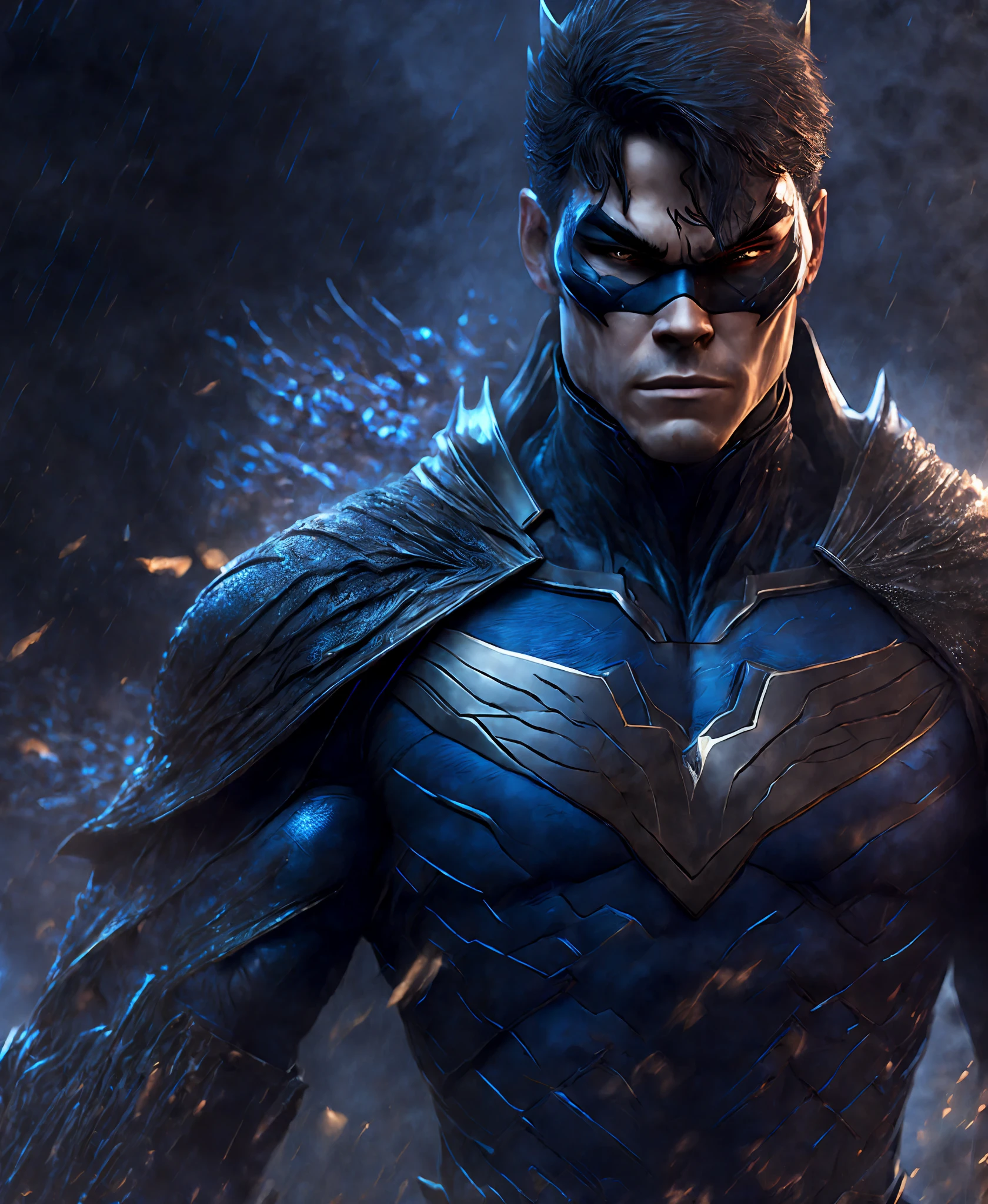 Close-up (Nightwing from DC in Viking style: 1.3) emerging from wet black mud, extremely detailed, smoke, sparks, metal shavings, flying debris, volumetric light
