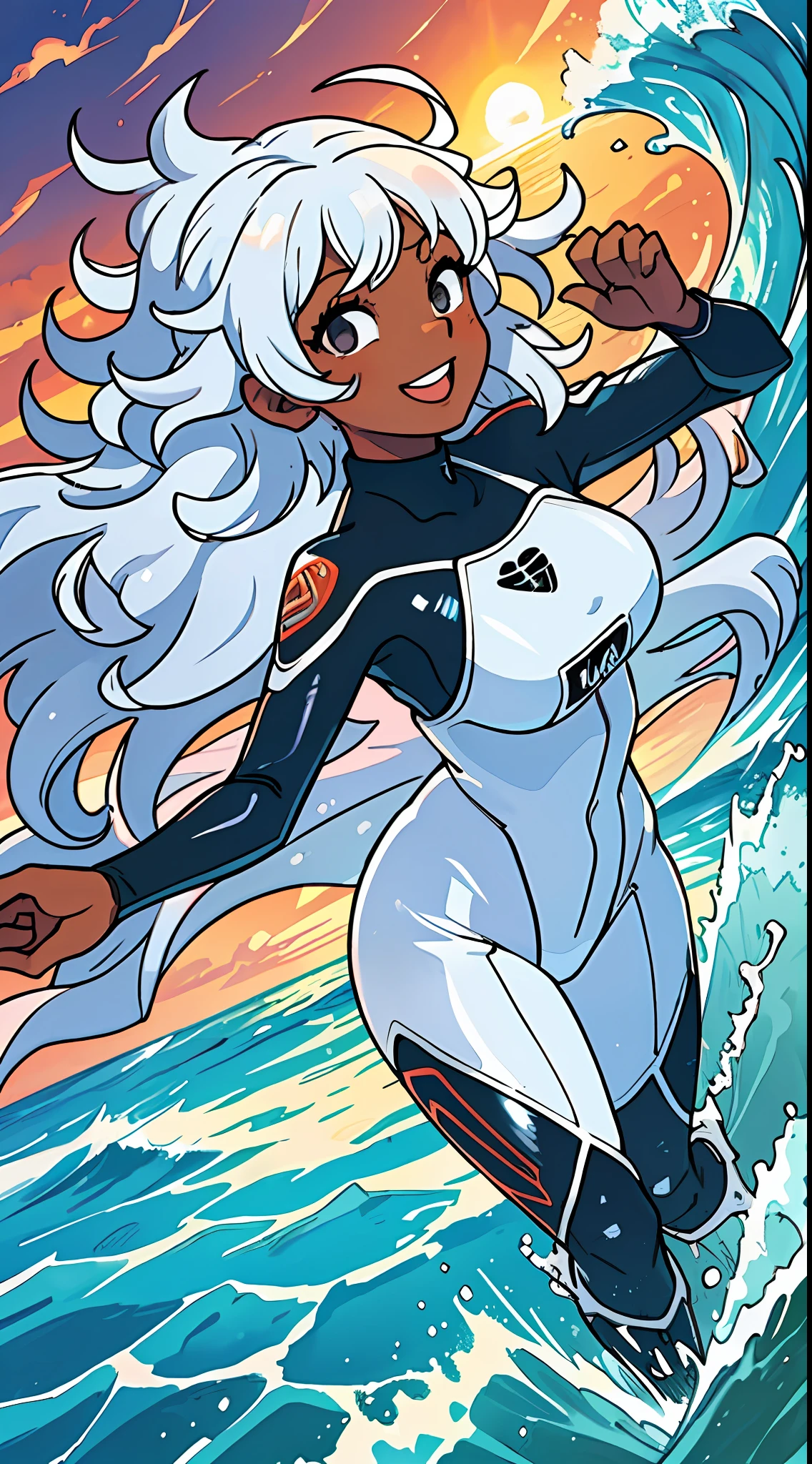 Beach, amazing sunset, dynamic perspective, soft lighting, detailed texture of moving water, beautiful waves, fun in the water, wet curly hair (1 woman),(dark skin+white hair:1.2), wetsuit, happy, laughing.