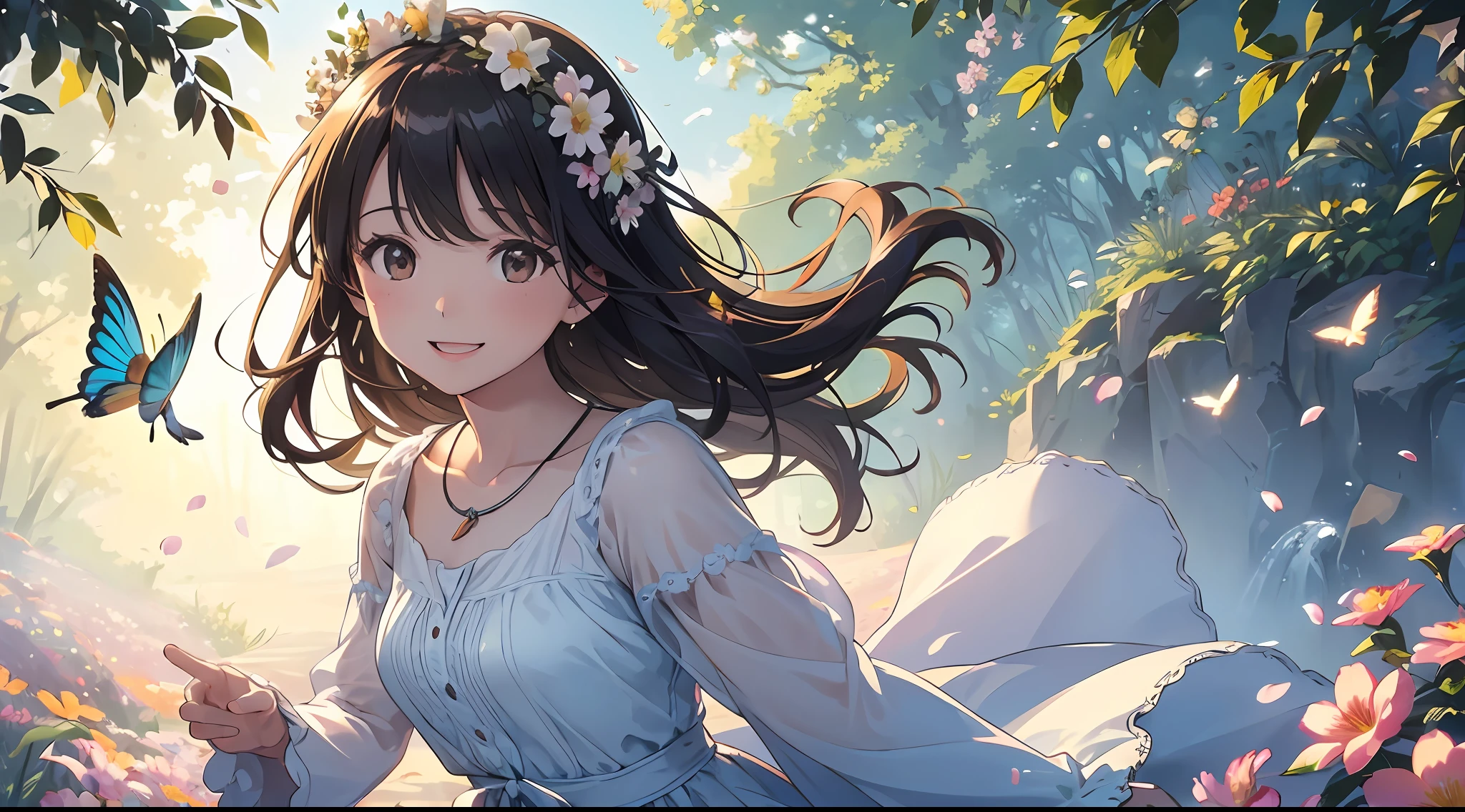 ((SFW))), Masterpiece, (High Quality), ((Photoreal)), (Cinematic Direction), (High Contrast), (Depth of Field: 1.3), (Award-winning Difference Photo: 1.1), (Face Detail), Detailed Drawing, There is a place in the forest where flowers bloom, Girl dancing in a snow-white summer dress in the flower field, Animals are jumping happily around the girl, Colorful little birds and butterflies flying around the girl,The girl is ************,Black hair very long hair,Flower crown, full body figure, summer sky, summer clouds, summer dazzling sunlight, flower garden, girl with open arms, dancing, necklace, smile, smile, happy, fun, girl looking up at the sky, deer, flapping duck, flapping goose, hummingbird, European bulbul, kingfisher, European orli, butterfly, Dazzling halo light, (dazzling glow: .1.4, (glow: 1.3), backlit, (colorful petals soar in the wind: 1.4), strong wind