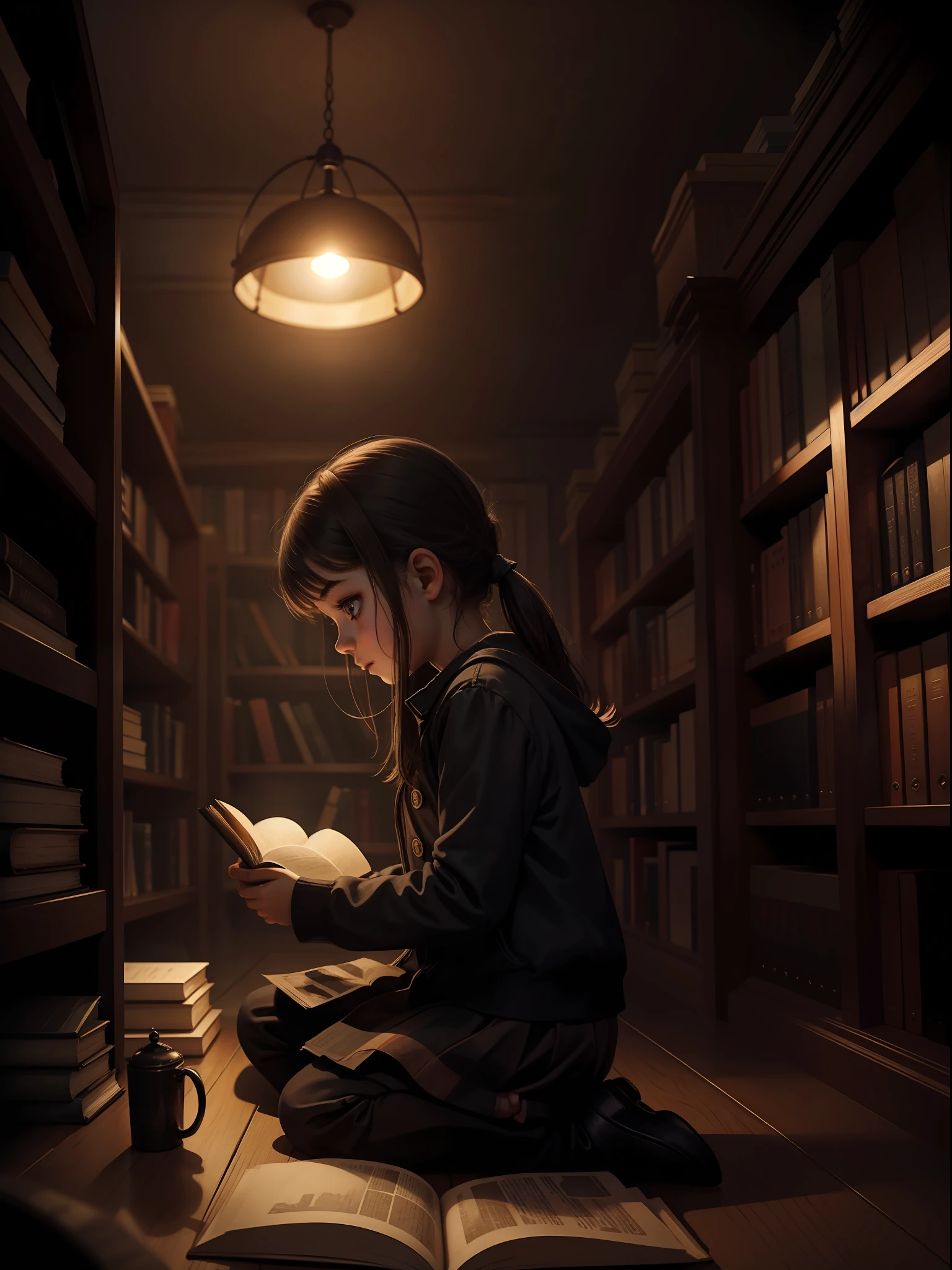 a little girl reading a book in the library, dark ambient, night, horror