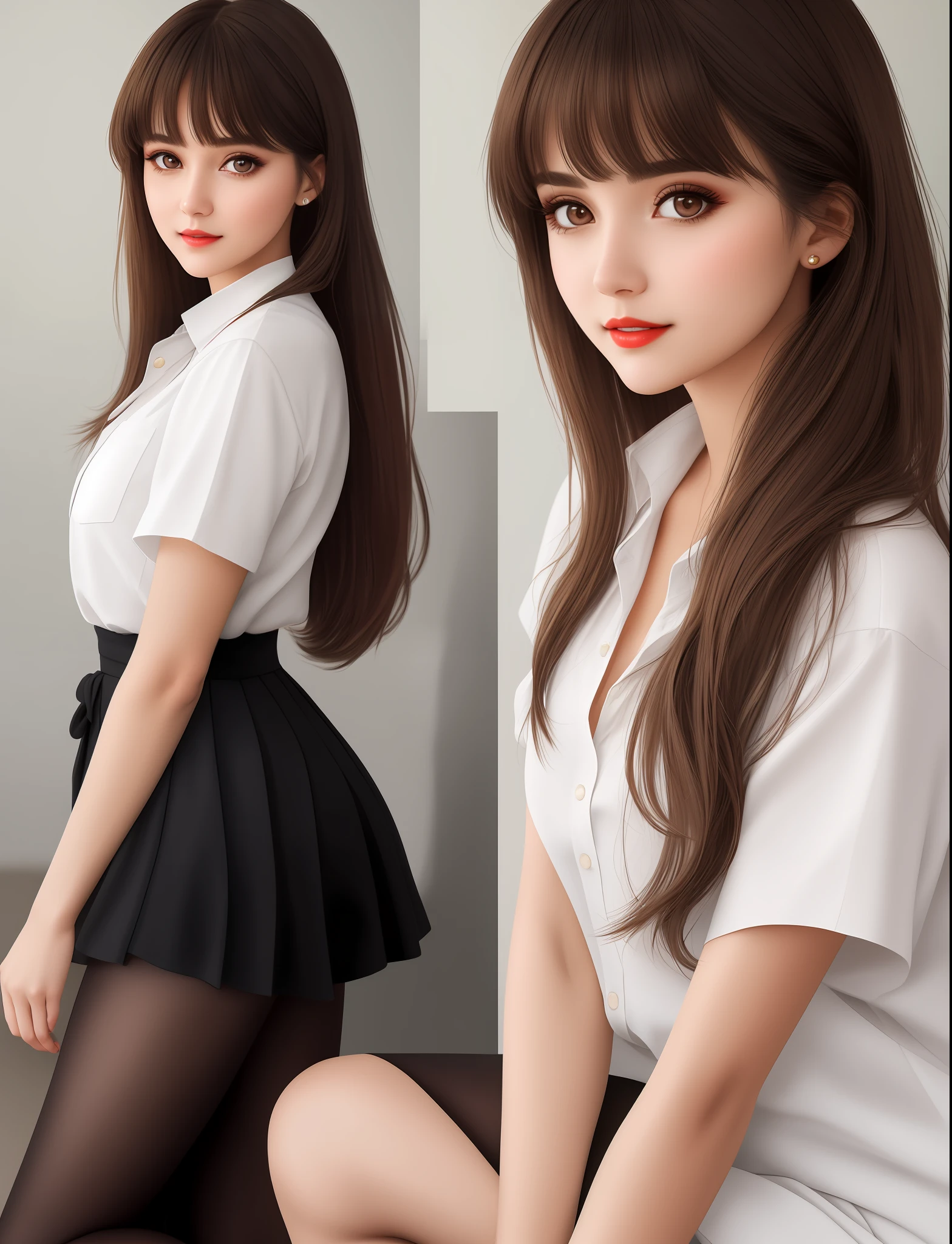 Temperament smile girl, delicate facial features, bangs, brown ponytail, messy hair, hair is very realistic, wearing a white shirt with short sleeves, the background is a random scene, exquisite makeup, light red lips, big eyes, double eyelids, black holes, bright eyes, symmetrical face, very real face, detailed portrayal of the girl's face, blush, super high appearance, looking at the audience, very realistic skin, clothes with real fabric texture, realistic painting, film style, photography level, ray tracing, Realistic light and shadow effects, realism, masterpiece, like the best photography effects, 8K, full body portrait, pantyhose, high detail, 21 years old girl, A shallow cleavage, slender legs, light stiletto heels