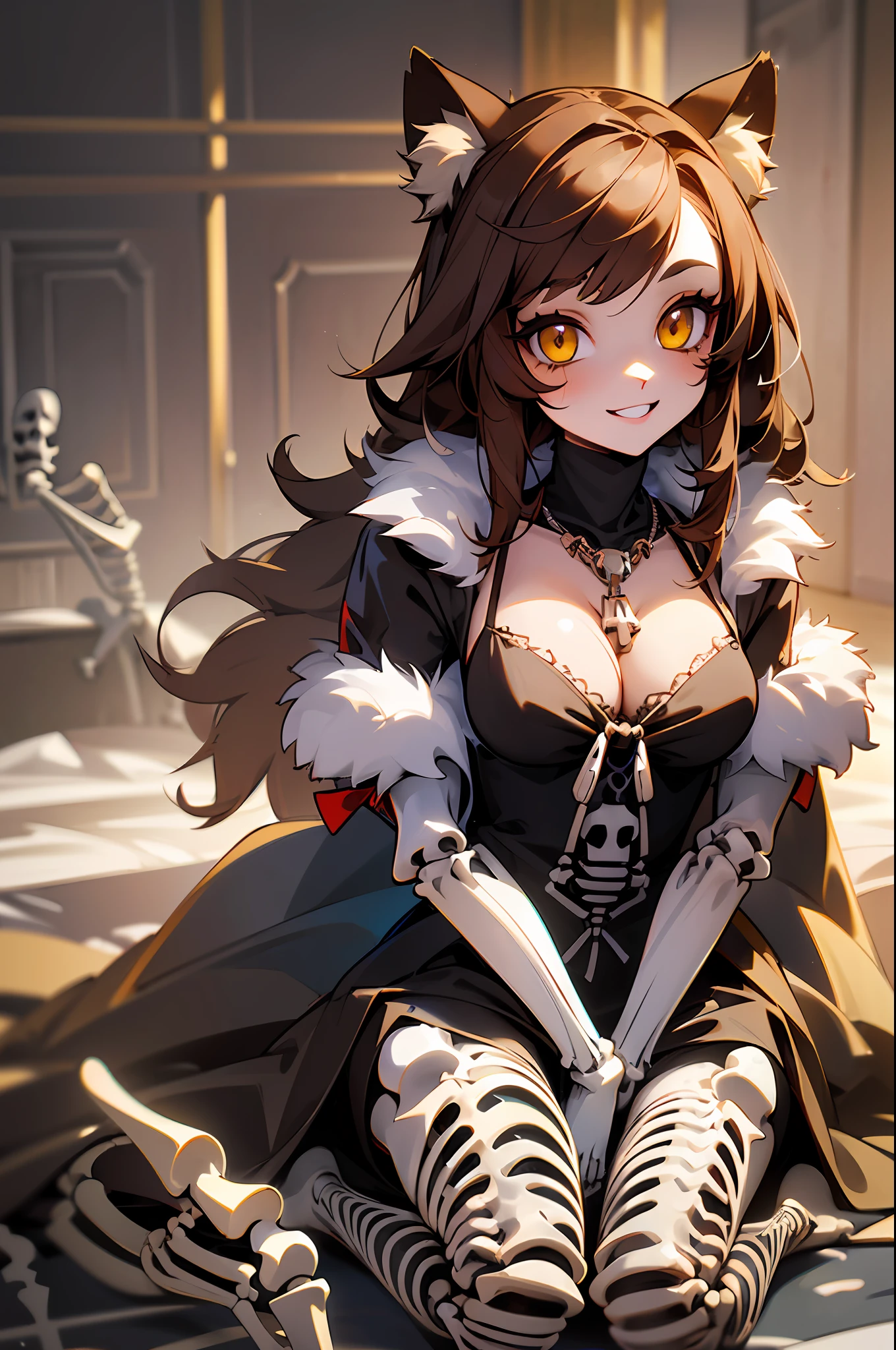 ((Girl Hug catzombie , Bones, Cute, Skeleton, Fur, Cute. ))masterpiece, best quality, DanielaV4, 1girl, 3d render, solo, brown hair, smile, teeth, yellow eyes, looking at viewer, dress, black dress, gloves, cleavage, jewelry, hood, necklace, blood, makeup
