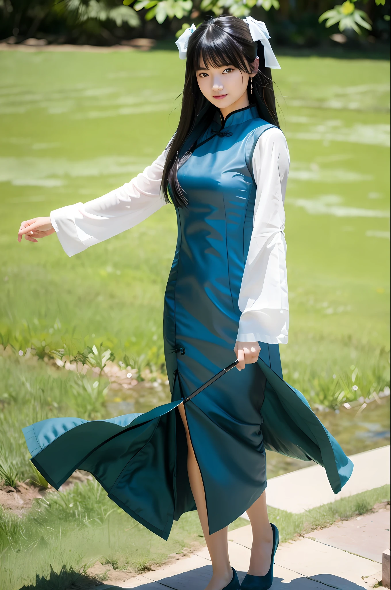 (top quality, highest quality, formal art, smile, beautiful and aesthetic: 1.2), (one girl: 1.3), very detailed, colorful, best detailed, (powerful pose:) dynamic), (shiny skin), beautiful face, blue ao dai, display, walking on green grass, morning, sunny, masterpiece, ultra-realistic, 32k, highly detailed CG Unity 8k wallpaper, highest quality, Photorealistic as a photo,