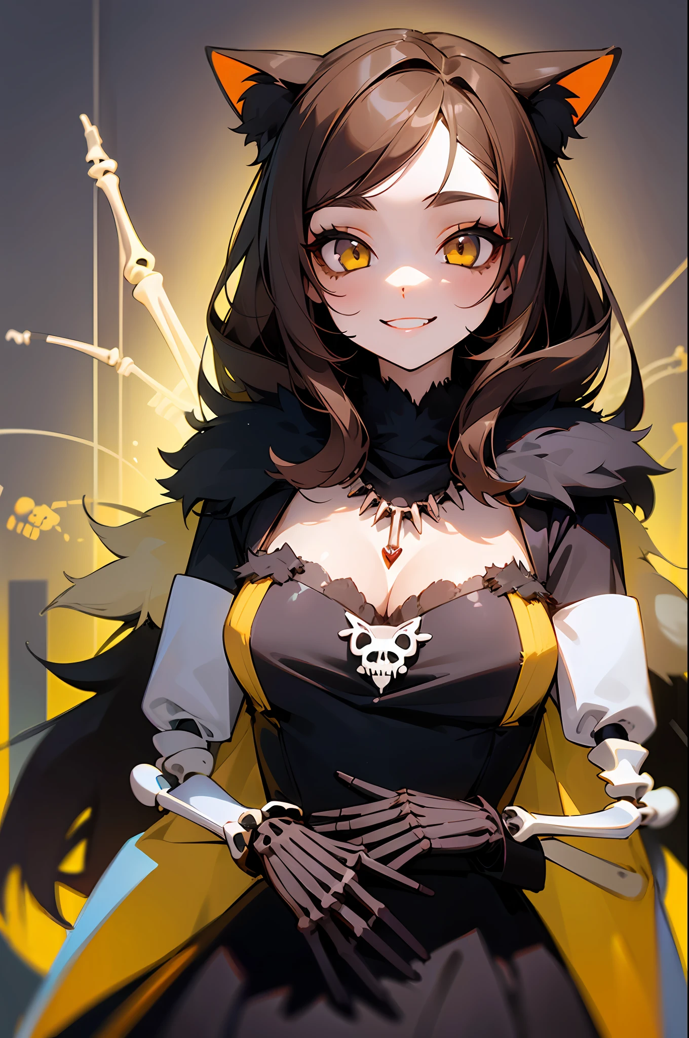 ((Girl Hug catzombie , Bones, Cute, Skeleton, Fur, Cute. ))masterpiece, best quality, DanielaV4, 1girl, 3d render, solo, brown hair, smile, teeth, yellow eyes, looking at viewer, dress, black dress, gloves, cleavage, jewelry, hood, necklace, blood, makeup