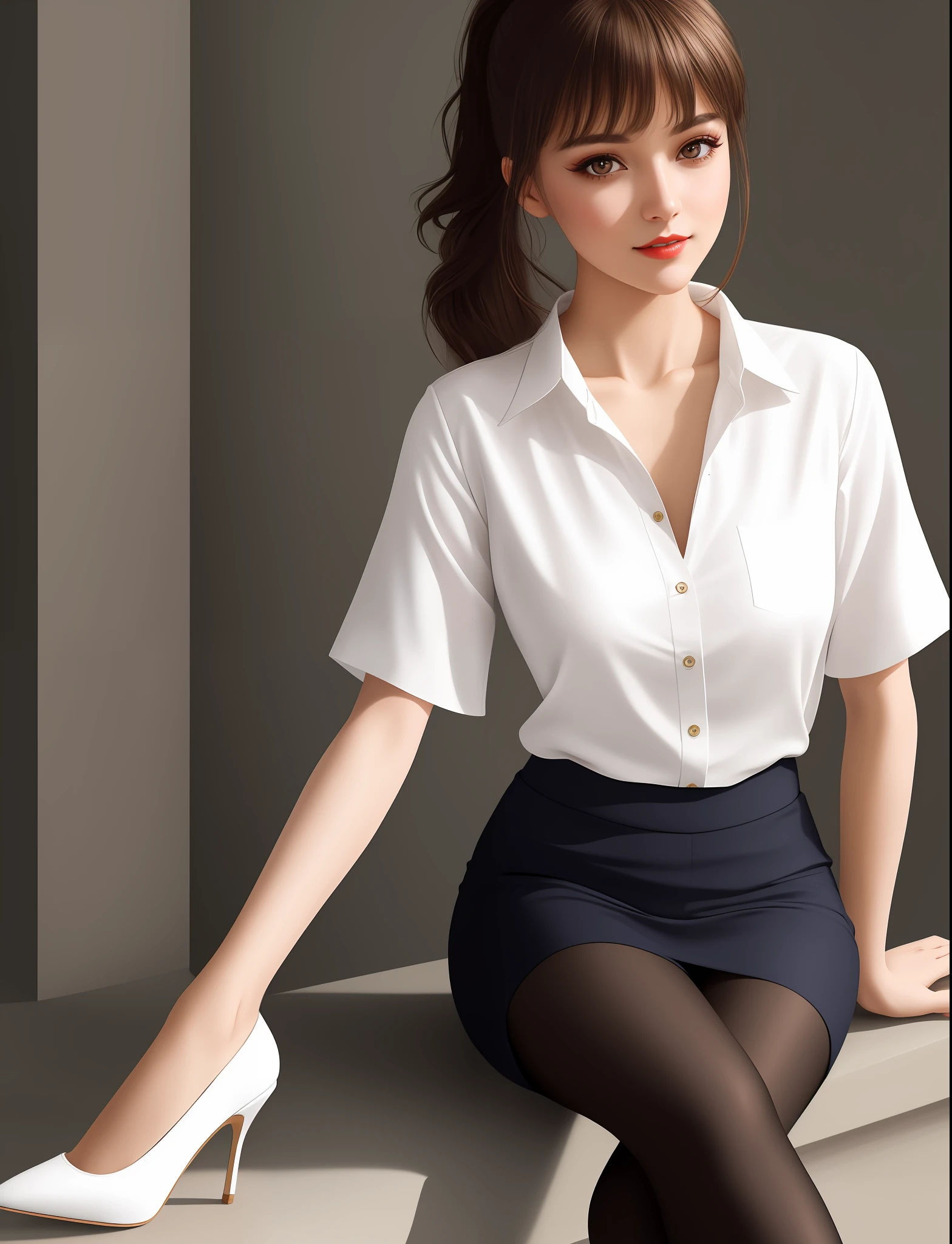 Temperament smile girl, delicate facial features, bangs, brown ponytail, messy hair, hair is very realistic, wearing a white shirt with short sleeves, the background is a random scene, exquisite makeup, light red lips, big eyes, double eyelids, black holes, bright eyes, symmetrical face, very real face, detailed portrayal of the girl's face, blush, super high appearance, looking at the audience, very realistic skin, clothes with real fabric texture, realistic painting, film style, photography level, ray tracing, Realistic light and shadow effects, realism, masterpiece, like the best photography effects, 8K, full body portrait, pantyhose, high detail, 21 years old girl, A shallow cleavage, slender legs, light stiletto heels